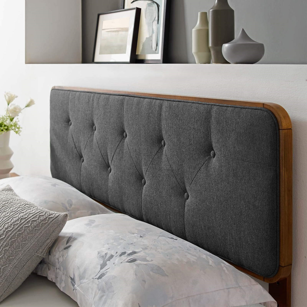 Casafoyer Mod-6234-Wal-Cha Collins Tufted Queen Fabric And Wood Headboard, Walnut Charcoal