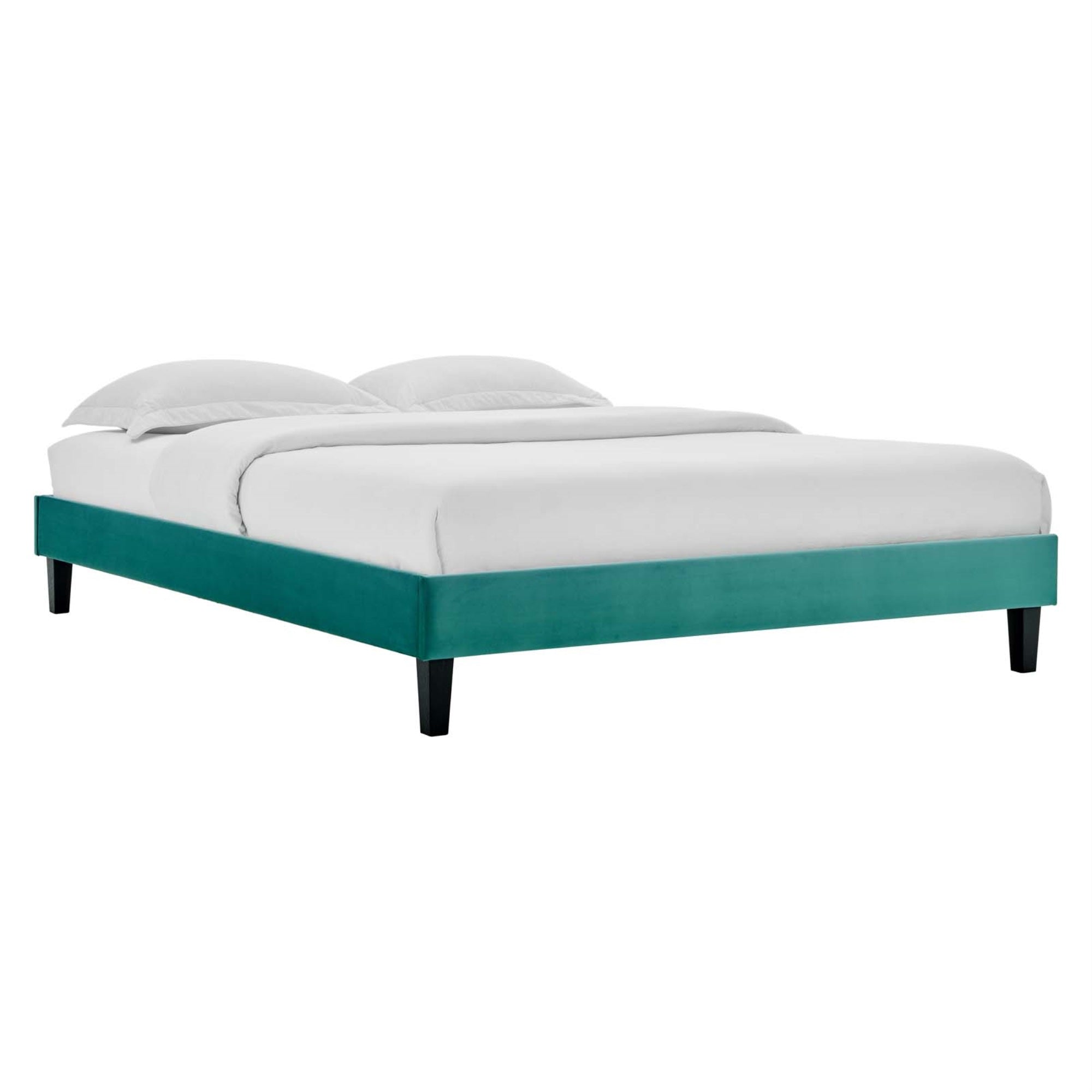 Reign Performance Velvet Full Platform Bed Frame - Elegant And Durable Upholstered Bed With Sturdy Side Rails And Tapered Legs. No Box Spring Needed. 800 Lbs Weight Capacity. Teal.
