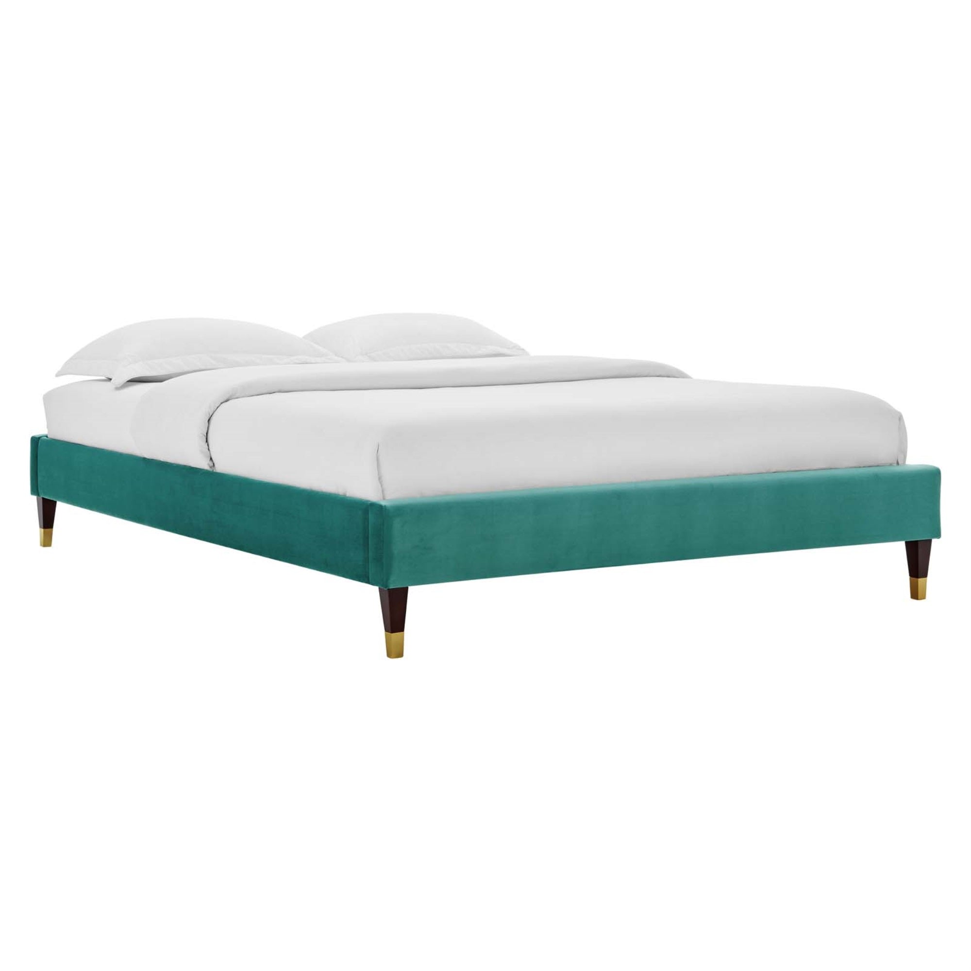 Harlow Performance Velvet Full Bed Frame - Elegant And Opulent Platform Bed With Wood Legs And Gold Metal Sleeves. Stain-Resistant Velvet, Memory Foam Compatible. 800 Lbs Weight Capacity. (Teal)