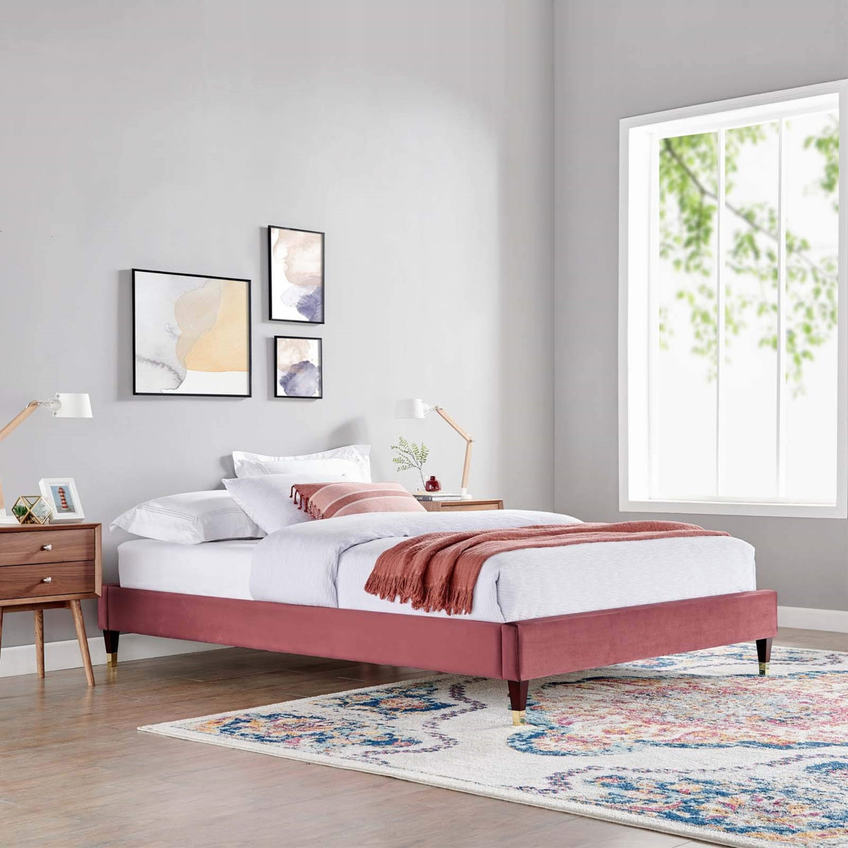 Casafoyer Mod-6270-Dus Harlow Queen Performance Velvet Platform Bed Frame, Dusty Rose