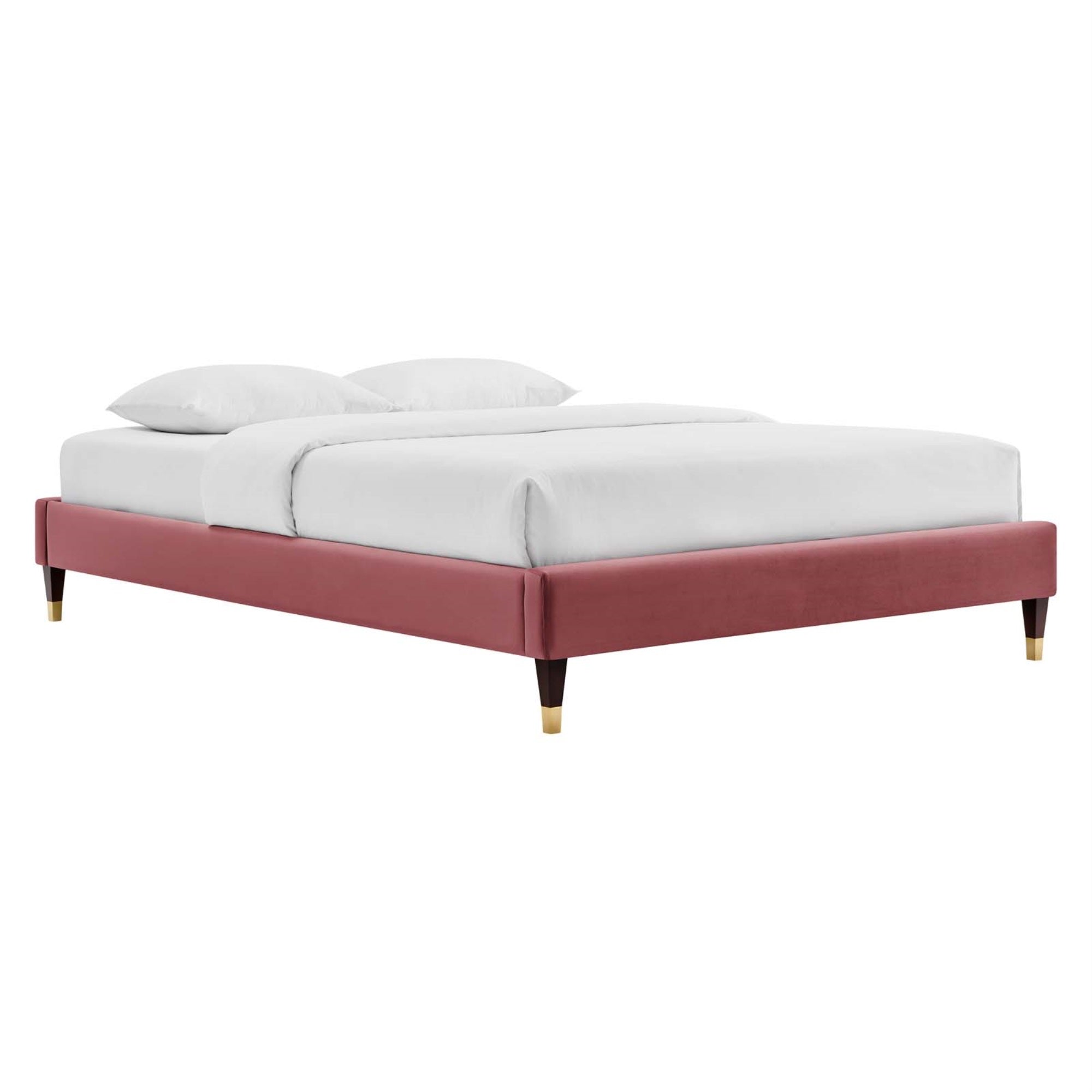 Harlow Performance Velvet Queen Bed Frame - Opulent Art Deco Style, Gold Metal Legs, Stain-Resistant, Accommodates Various Mattress Types, Durable & Stable, Assembly Required. (Mattress Not Included)