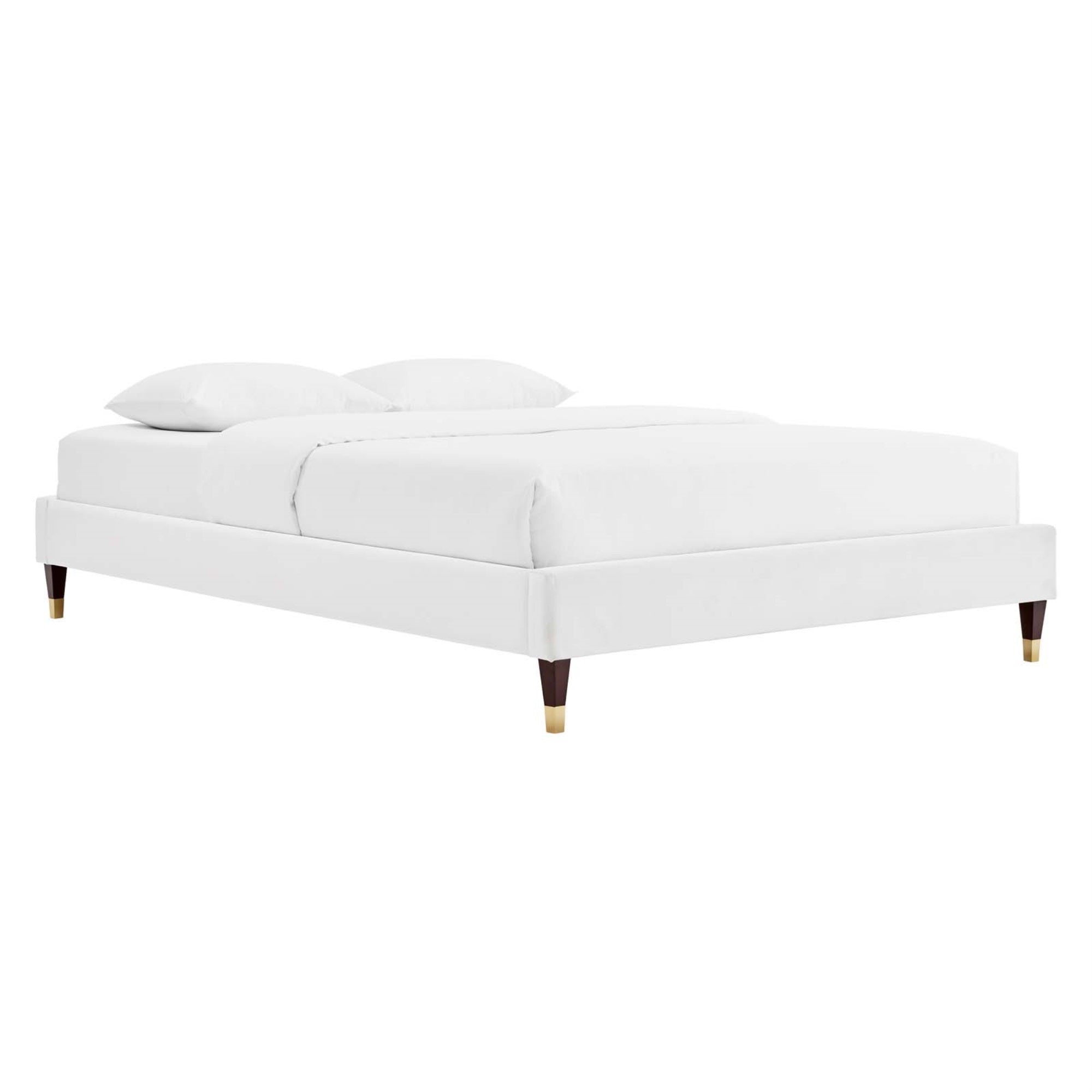 Harlow Performance Velvet King Bed Frame - Elegant, Opulent, Stain-Resistant, Wood Legs, Gold Metal Sleeves, Supports Various Mattress Types, Durable Slat Support System, 800 Lbs Weight Capacity. (White)