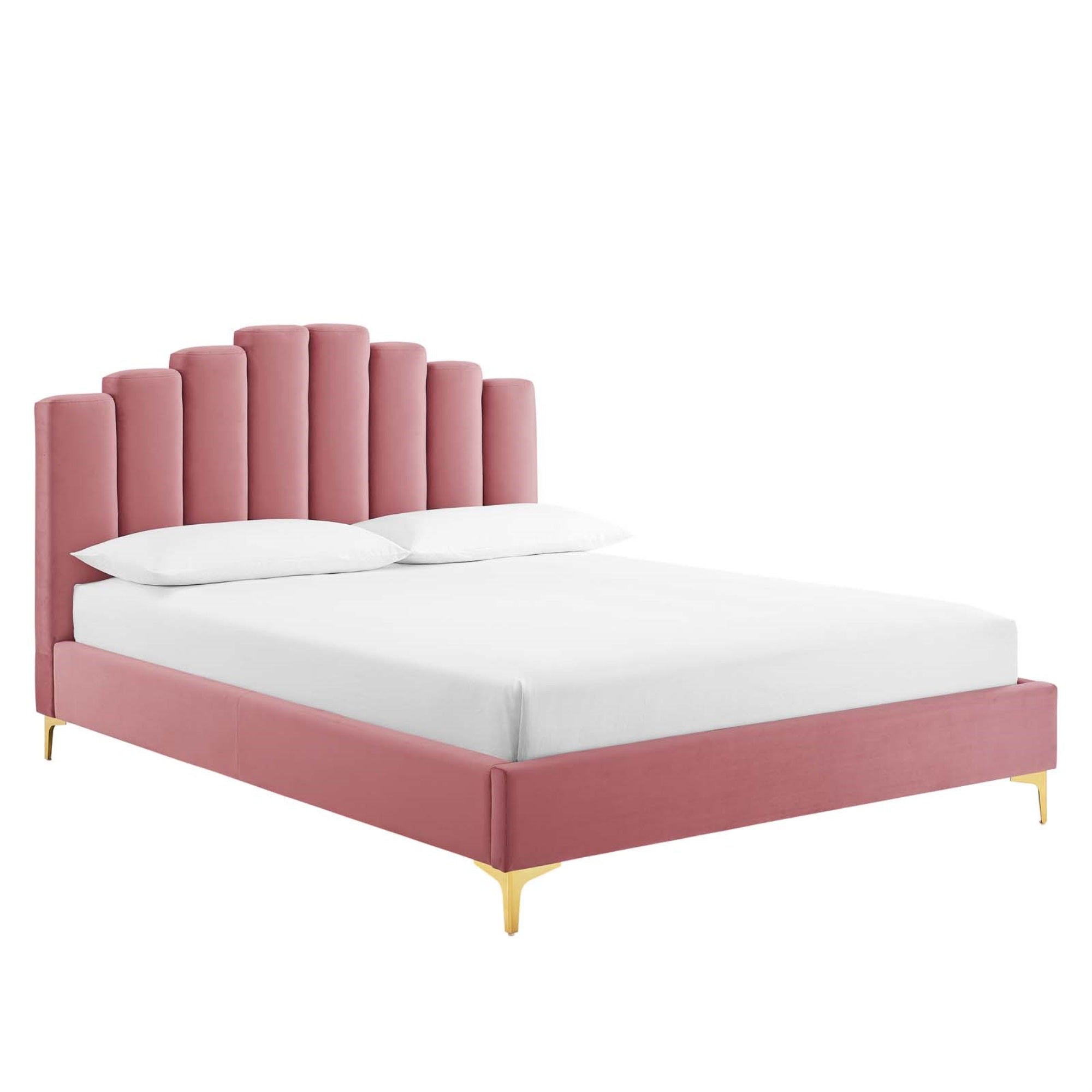 Olivia Performance Velvet Queen Platform Bed - Opulent Style, Comfortable Sleep - Vintage Art Deco Design - Stain-Resistant Velvet Upholstery - Gold Metal Legs - Wood Slat Support System - 800 Lbs Weight Capacity
