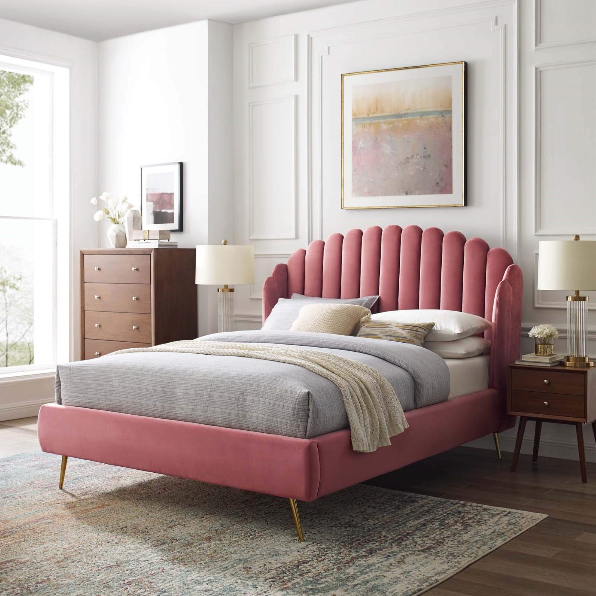 Casafoyer Mod-6282-Dus Lana Queen Performance Velvet Wingback Platform Bed, Dusty Rose