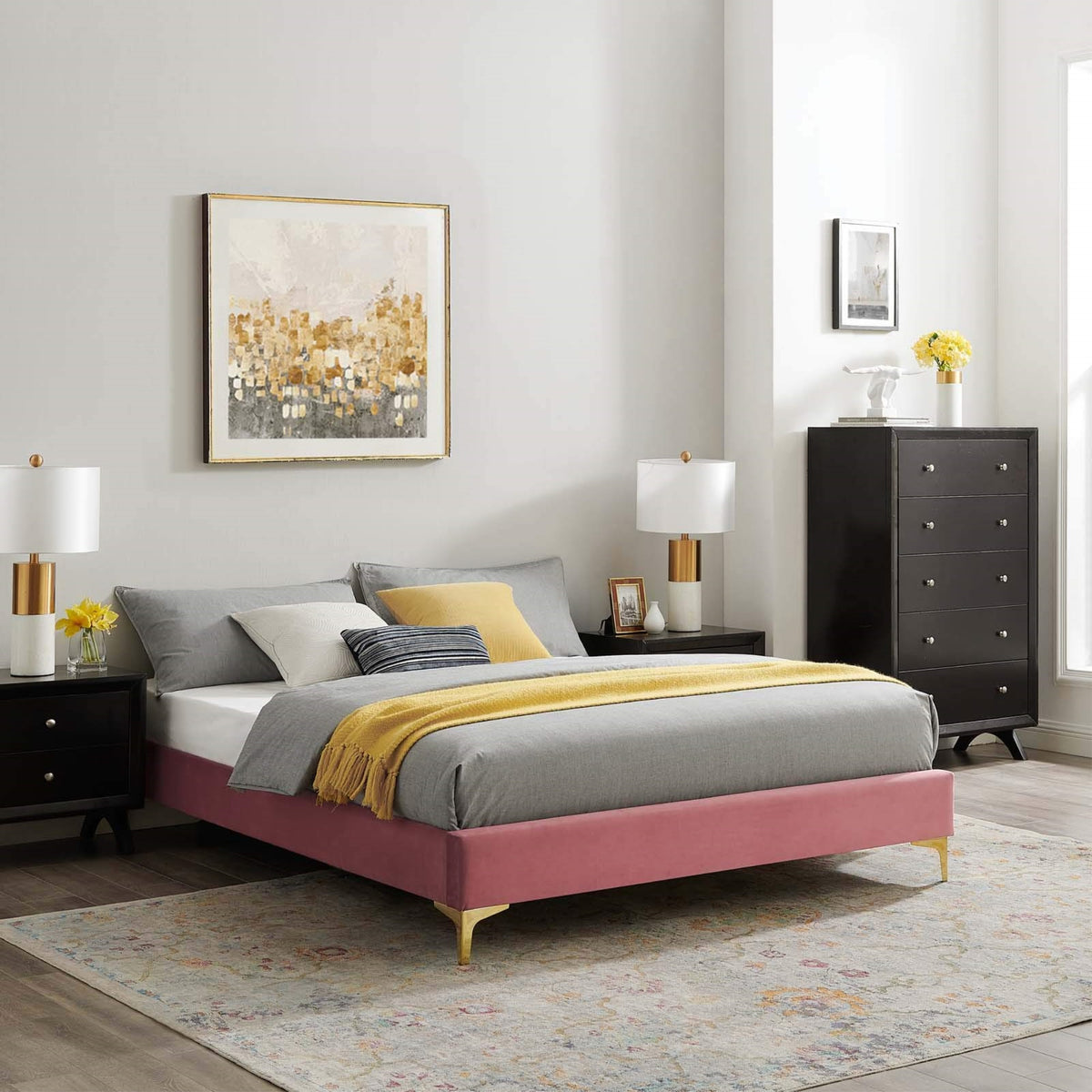 Casafoyer Mod-6305-Dus Sutton Twin Performance Velvet Bed Frame, Dusty Rose