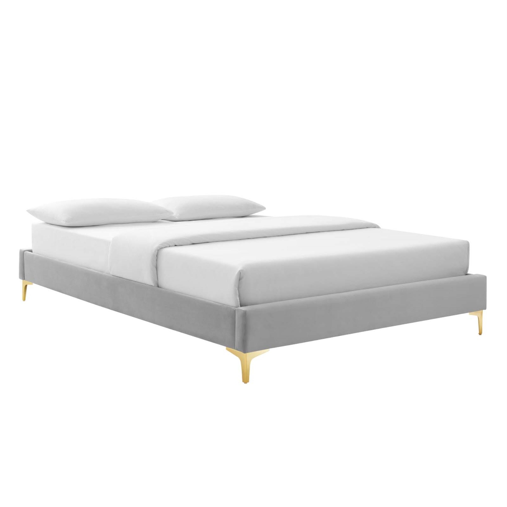 Sutton Performance Velvet Twin Bed Frame - Stain-Resistant, Durable, No Box Spring Needed, Gold Metal Legs, Compatible With Various Headboards. (Light Gray)