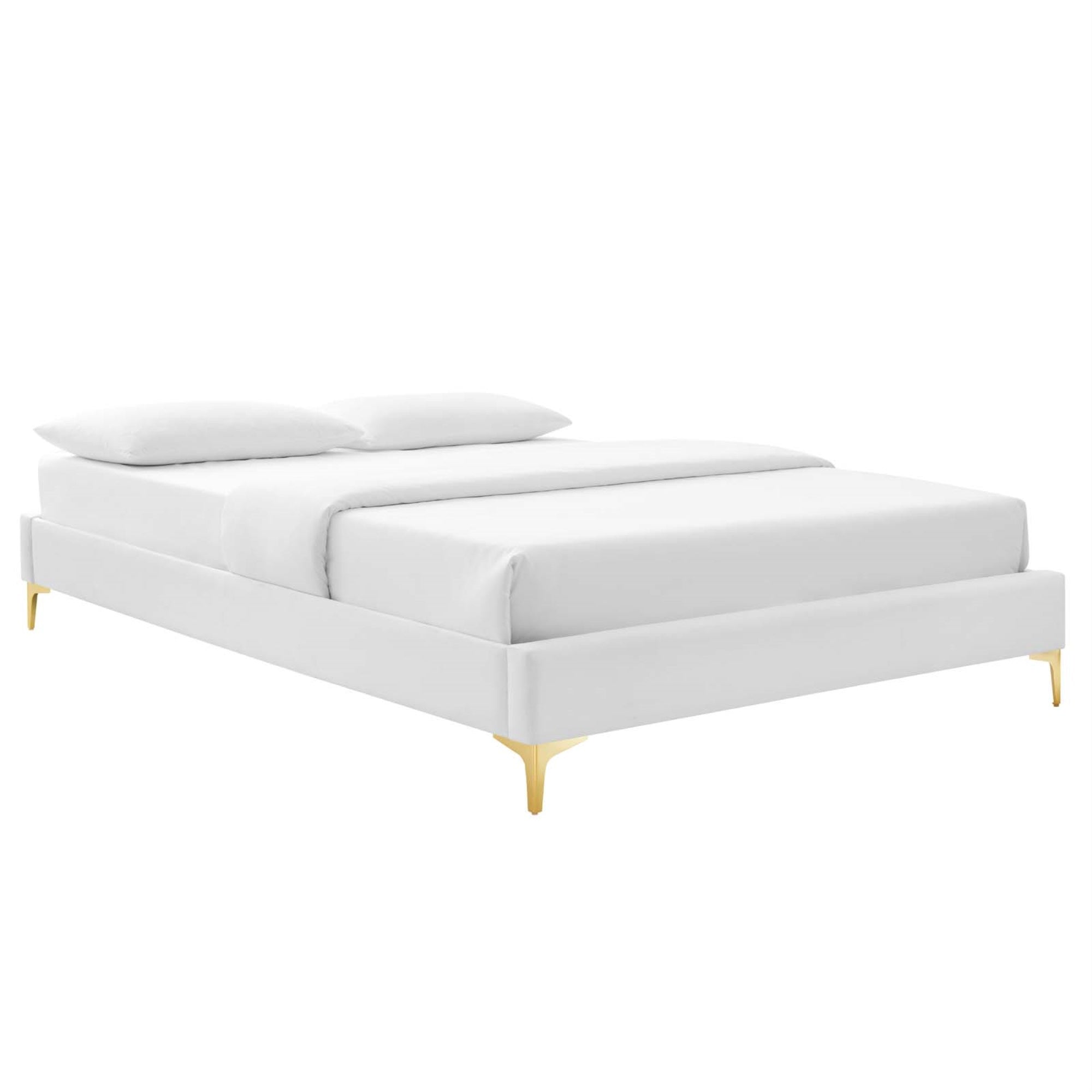 Sutton Performance Velvet Twin Bed Frame - Stain-Resistant, Durable, No Box Spring Needed, Gold Metal Legs, Easy Assembly - White