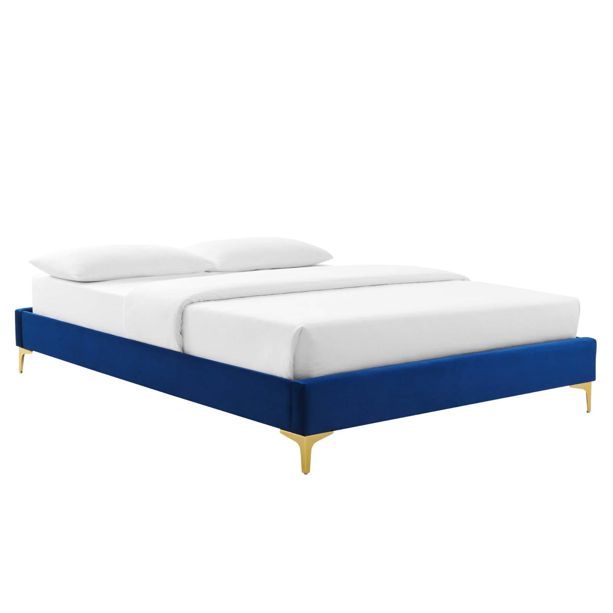 Sutton Performance Velvet Full Bed Frame - Stain-Resistant, Durable, No Box Spring Needed, Gold Metal Legs, Compatible With Various Headboards. (Navy)