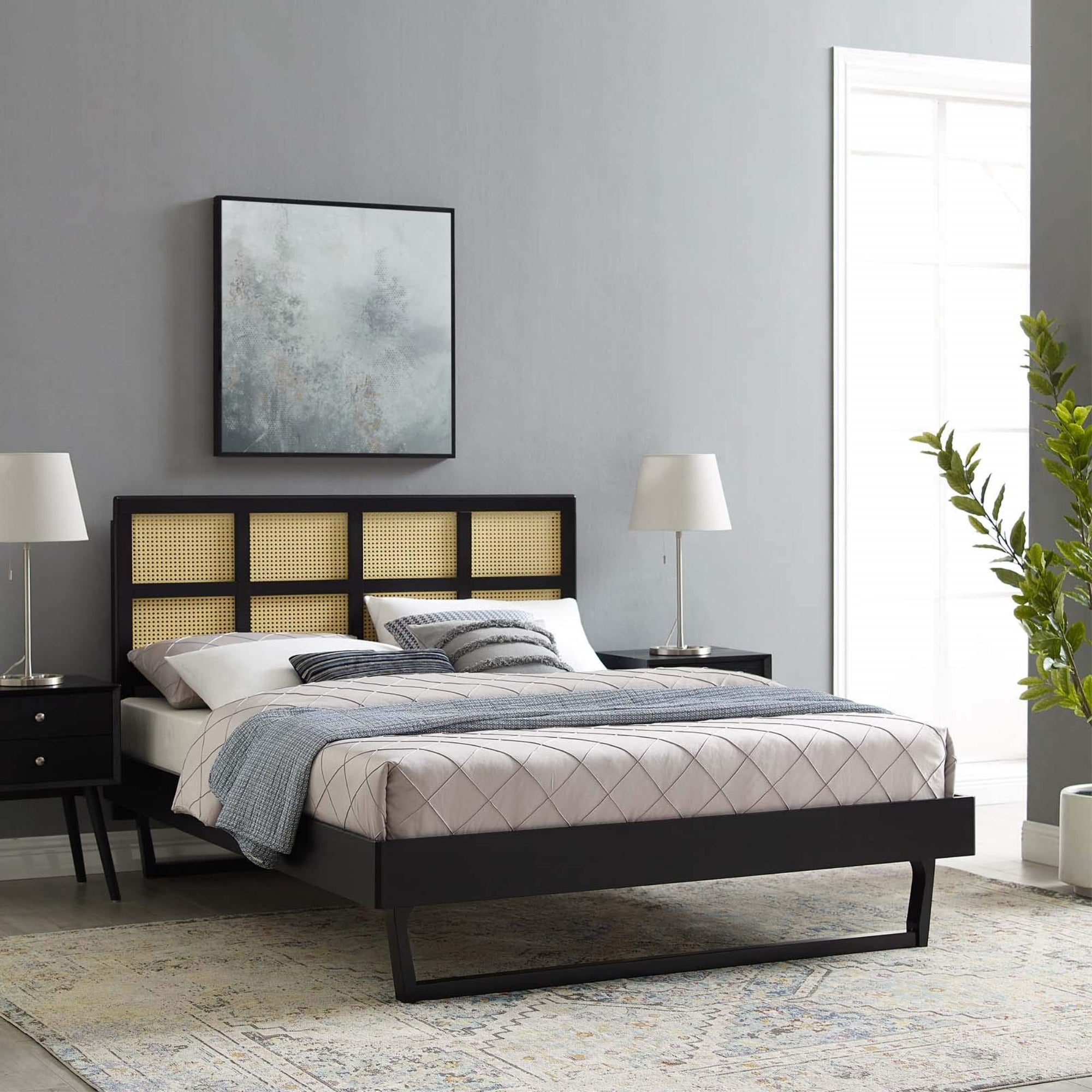 Casafoyer Sidney Cane Rattan And Wood Queen Platform Bed In Black With Angular Legs