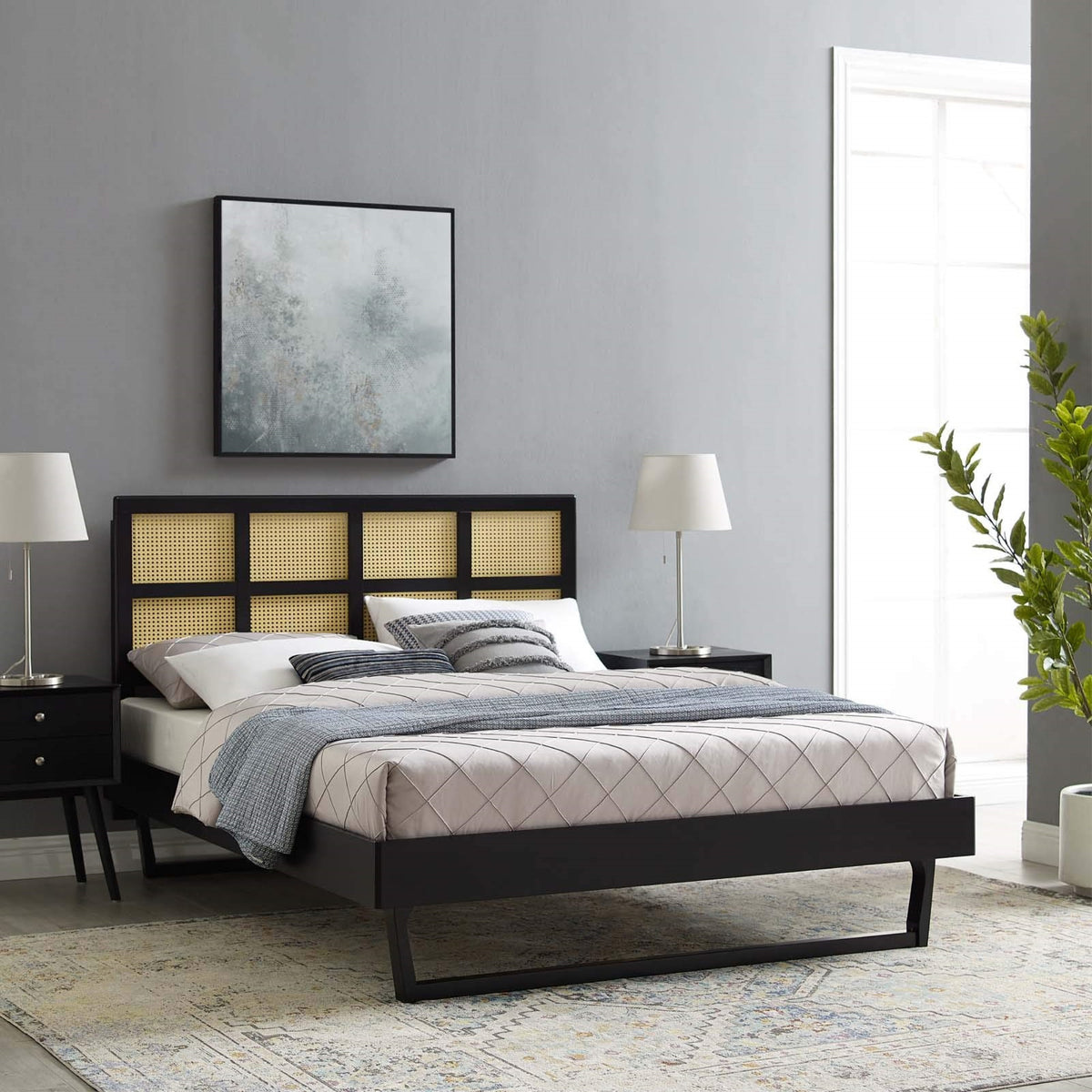 Casafoyer Sidney Cane Rattan And Wood Queen Platform Bed In Black With Angular Legs