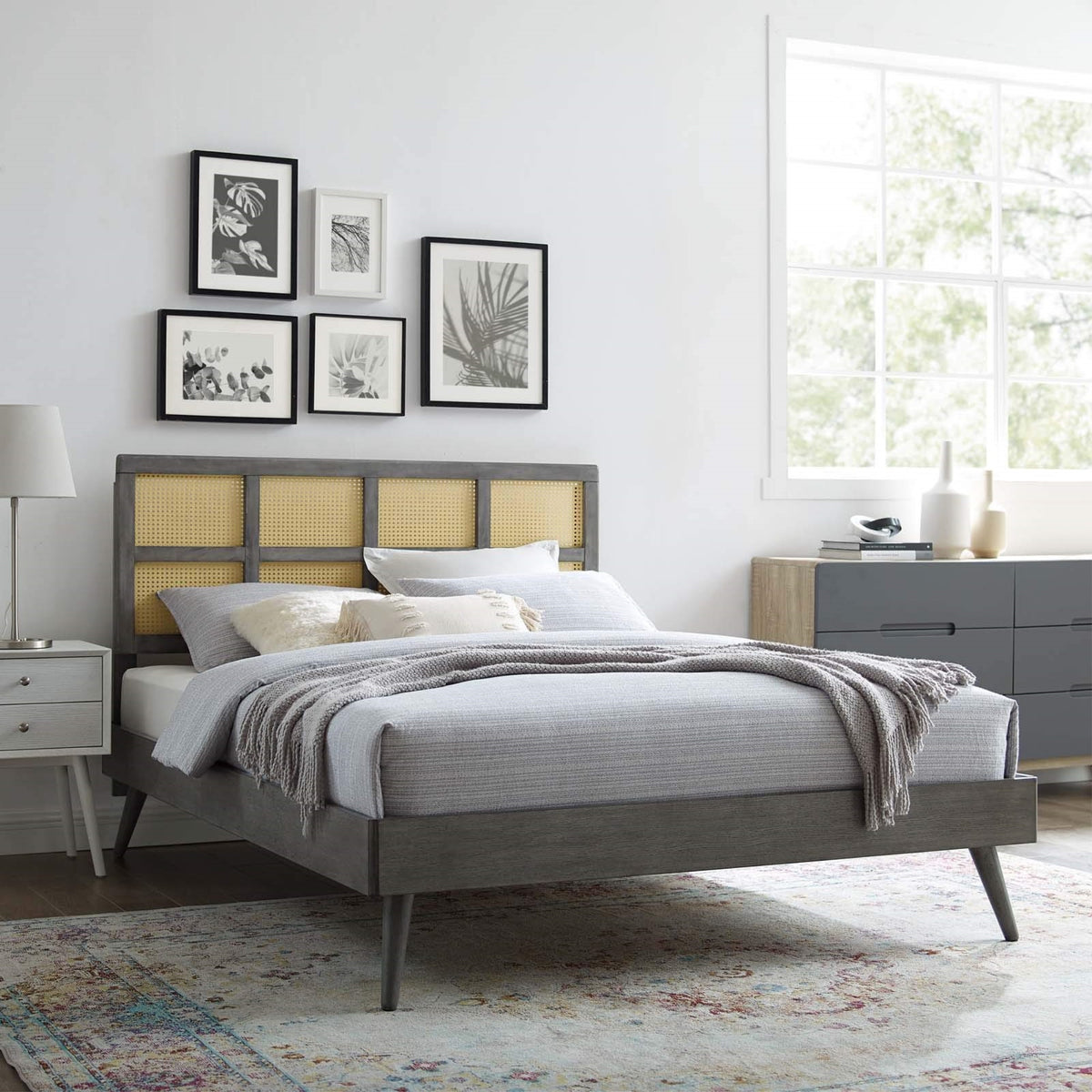 Casafoyer Sidney Cane Rattan And Wood Full Platform Bed In Gray With Splayed Legs
