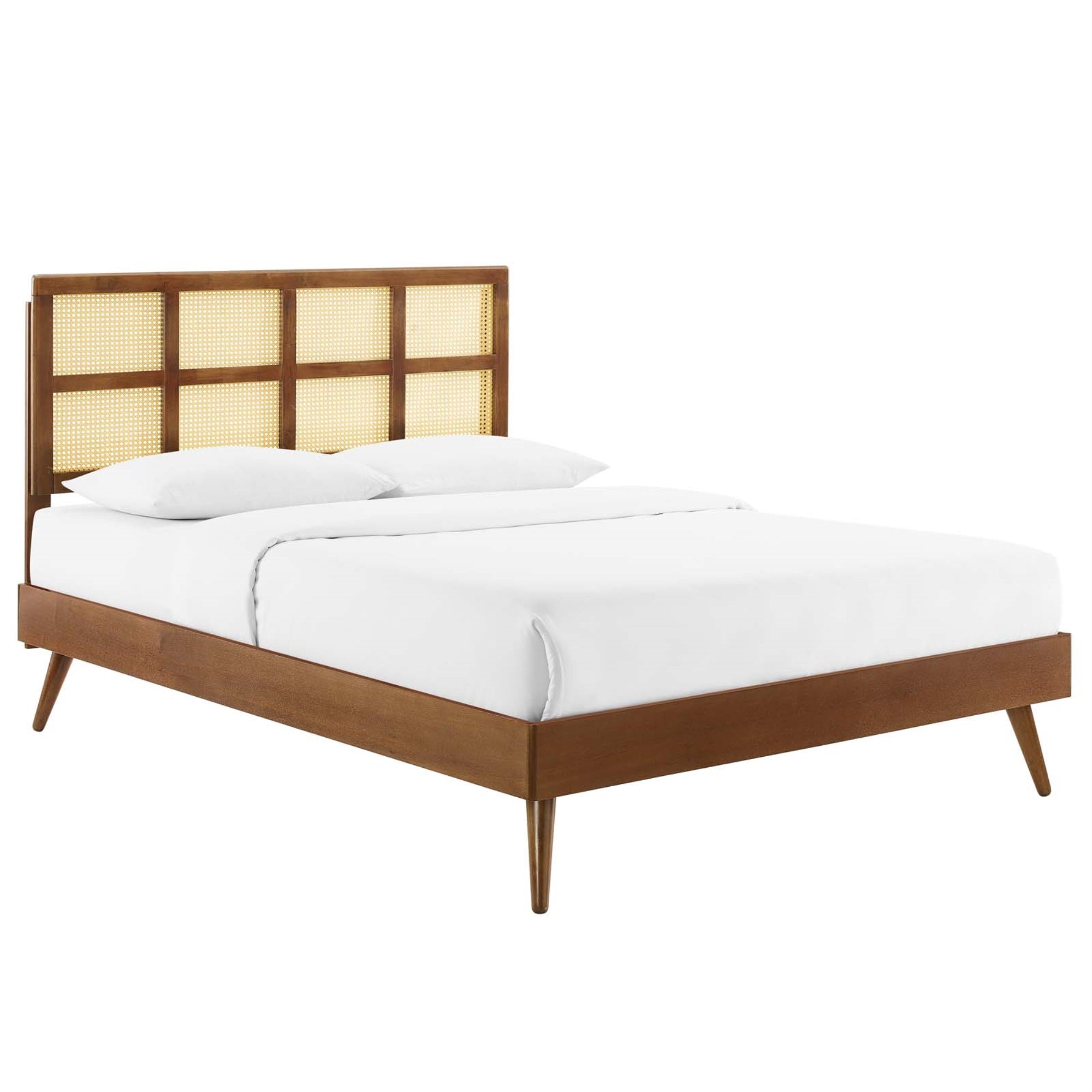 Retro-Inspired Sidney Woven Cane Rattan Wood Full Platform Bed - Natural Look, Durable Construction, No Box Spring Needed
