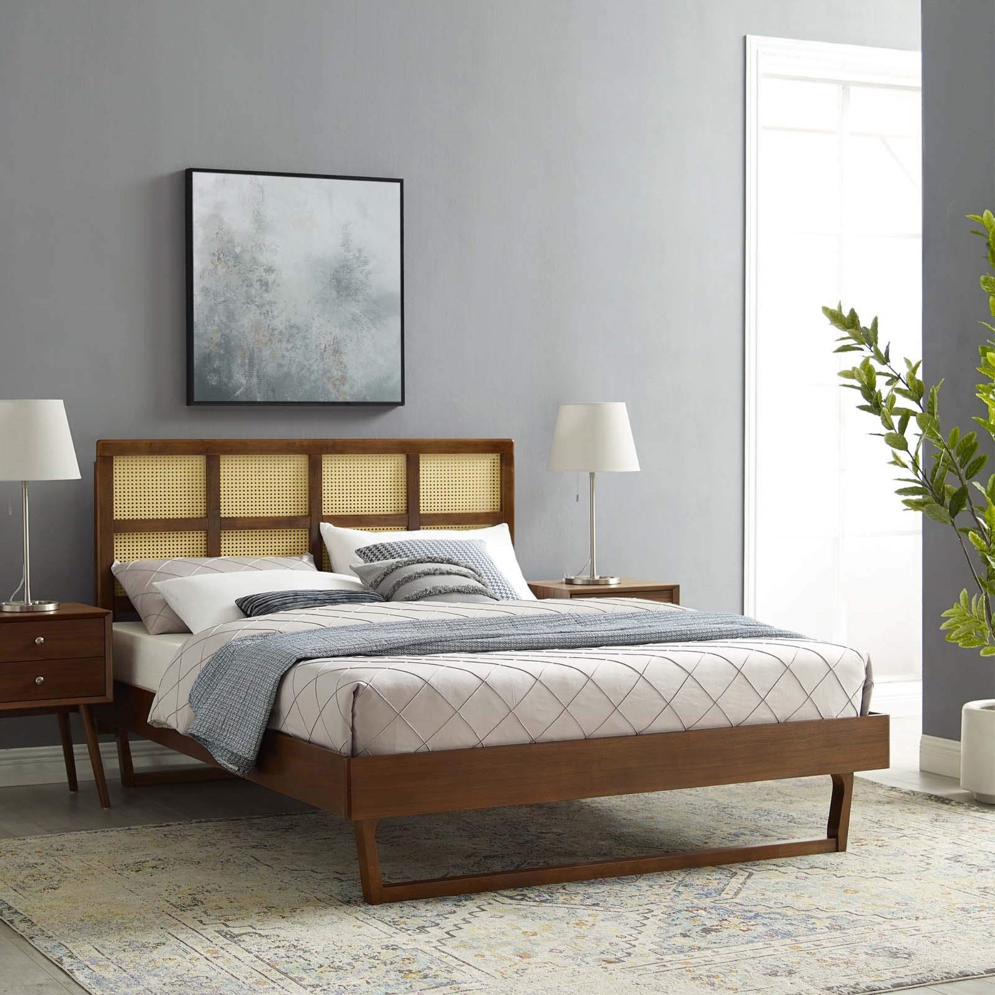 Casafoyer Sidney Cane Rattan And Wood King Platform Bed In Walnut With Angular Legs