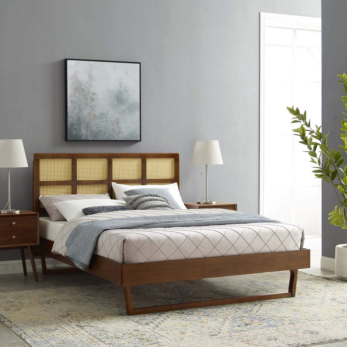 Casafoyer Sidney Cane Rattan And Wood King Platform Bed In Walnut With Angular Legs