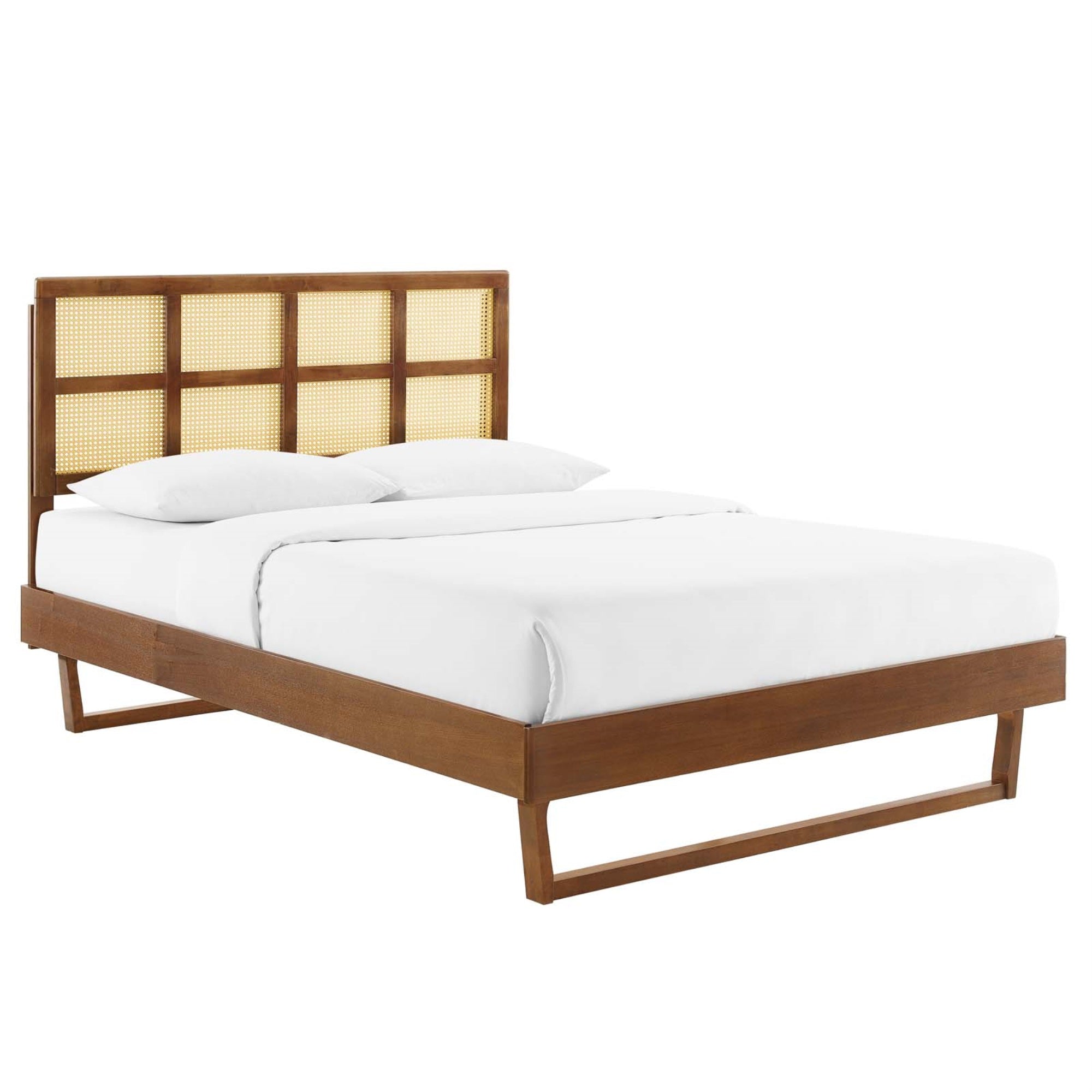 Sidney Woven Cane Rattan Wood King Platform Bed - Retro Charm, Natural Beauty, Mid-Century Design - No Box Spring Needed - Durable Construction - Walnut