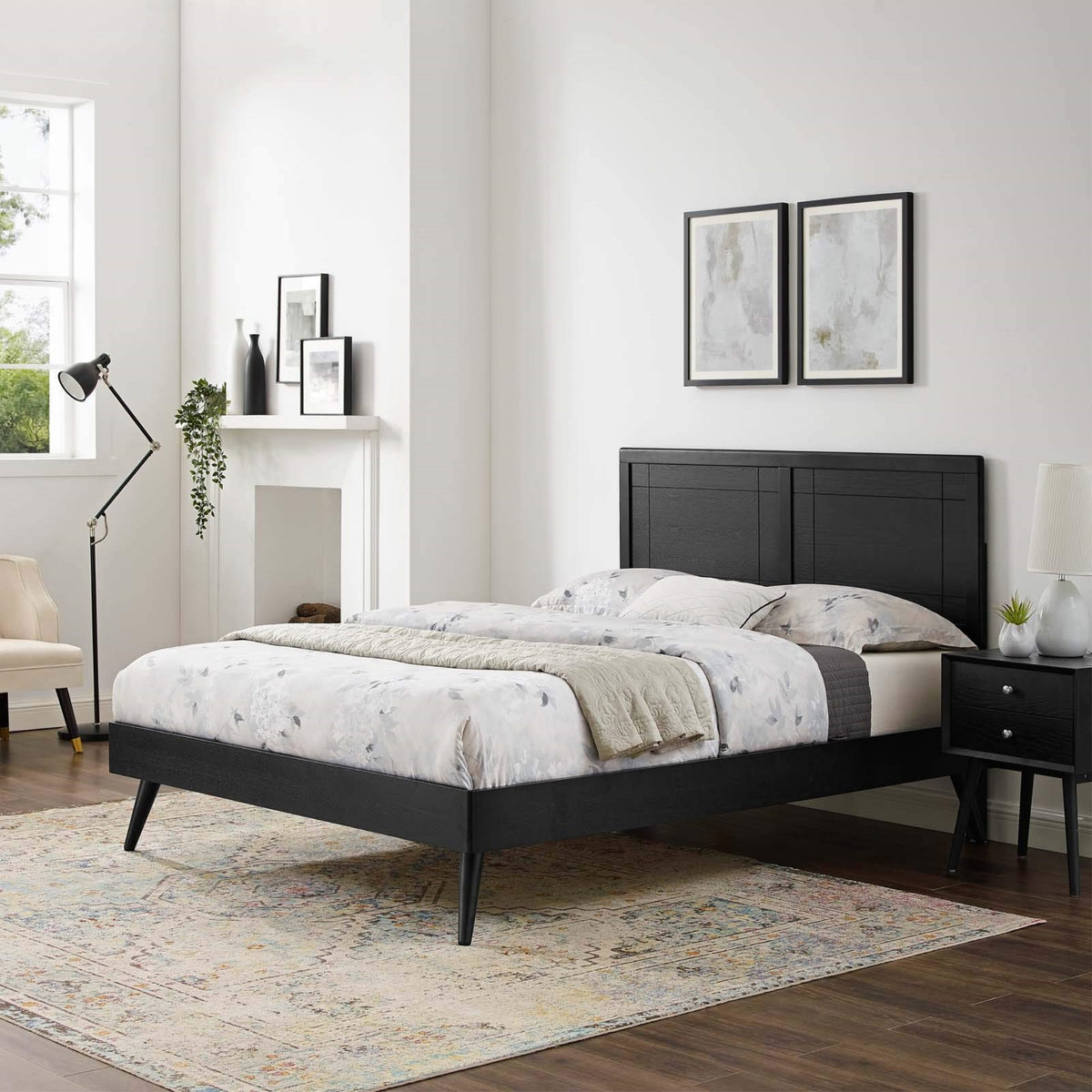 Casafoyer Mod-6382-Blk Marlee Queen Wood Platform Bed With Splayed Legs, Black