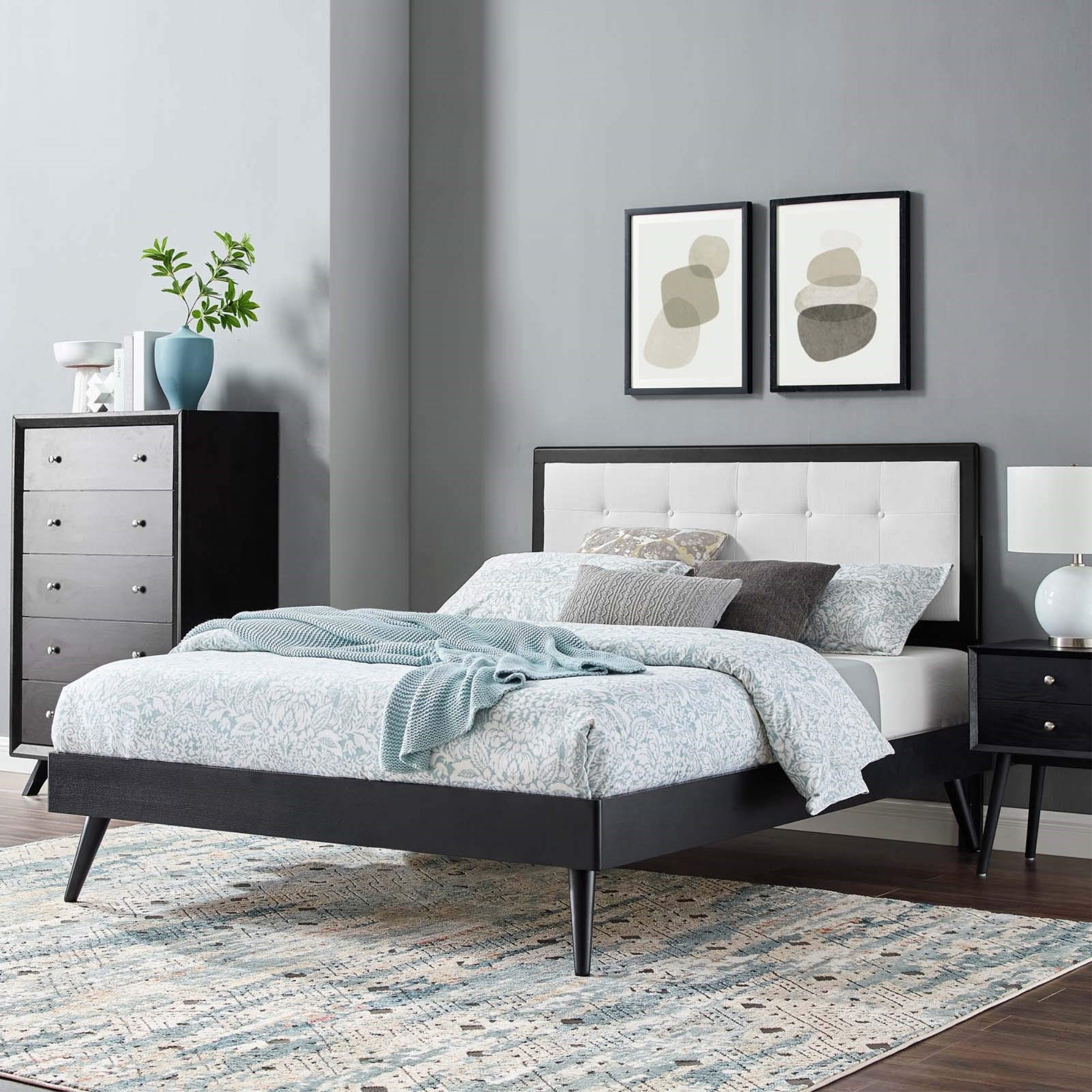 Casafoyer Mod-6385-Blk-Whi Willow Queen Wood Platform Bed With Splayed Legs, Black White
