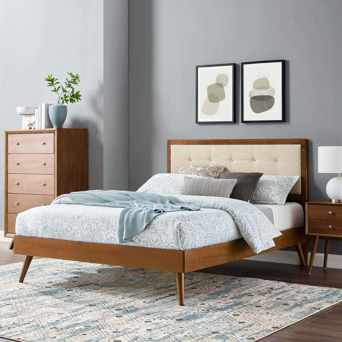 Casafoyer Mod-6385-Wal-Bei Willow Queen Wood Platform Bed With Splayed Legs, Walnut Beige