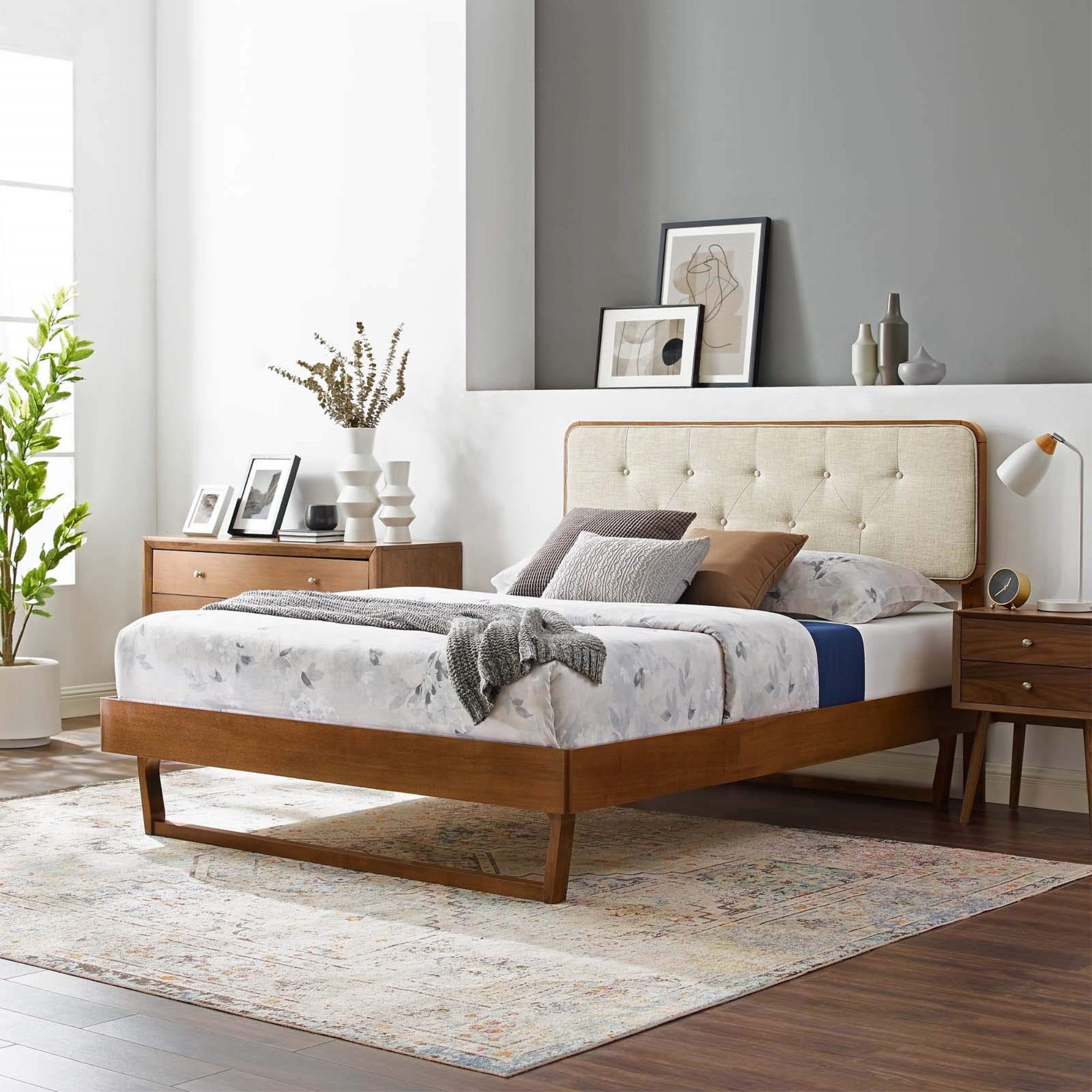 Casafoyer Mod-6387-Wal-Bei Bridgette Queen Wood Platform Bed With Angular Frame, Walnut Beige