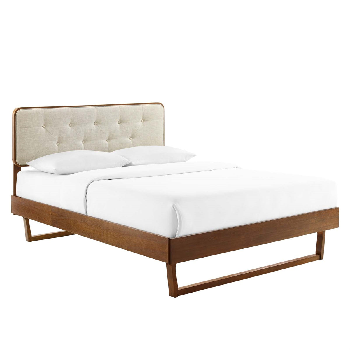 Bridgette Queen Wood Platform Bed With Angular Frame Walnut Beige