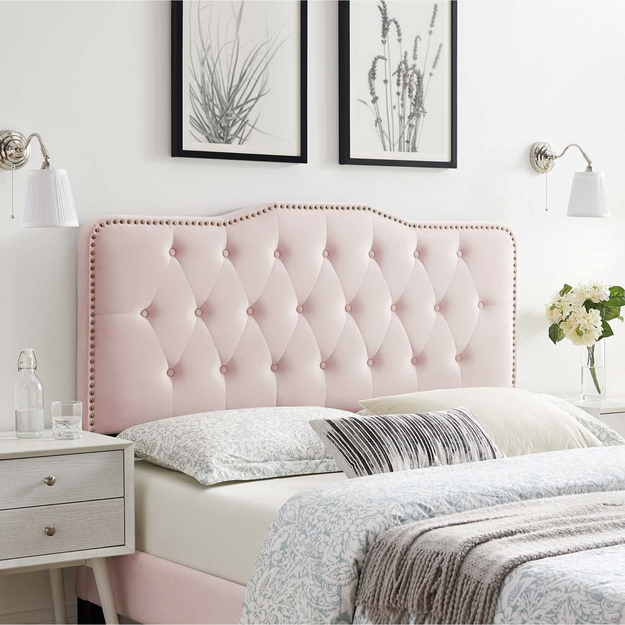 Casafoyer Mod-6409-Pnk Sophia Tufted Performance Velvet Twin Headboard, Pink