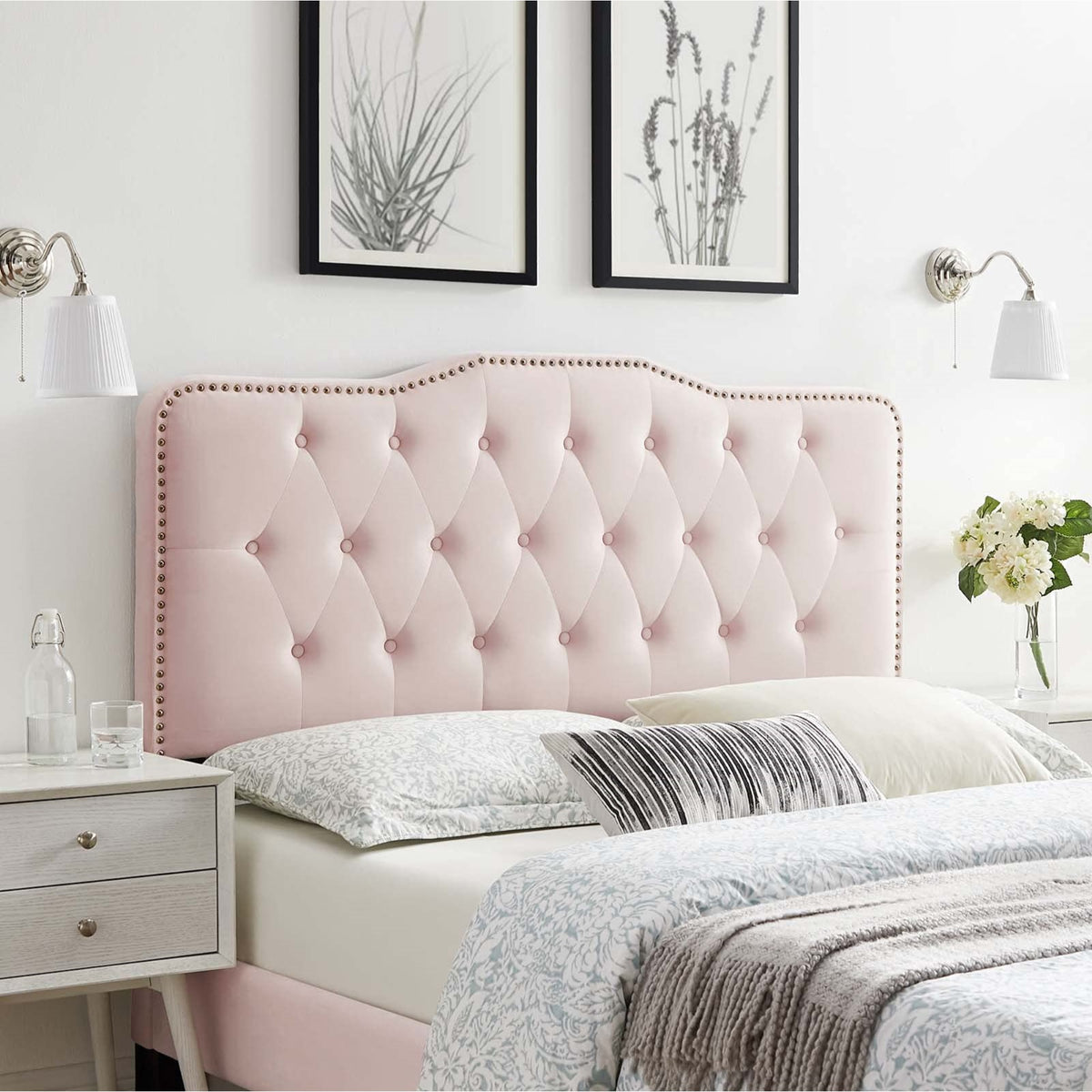 Casafoyer Mod-6409-Pnk Sophia Tufted Performance Velvet Twin Headboard, Pink