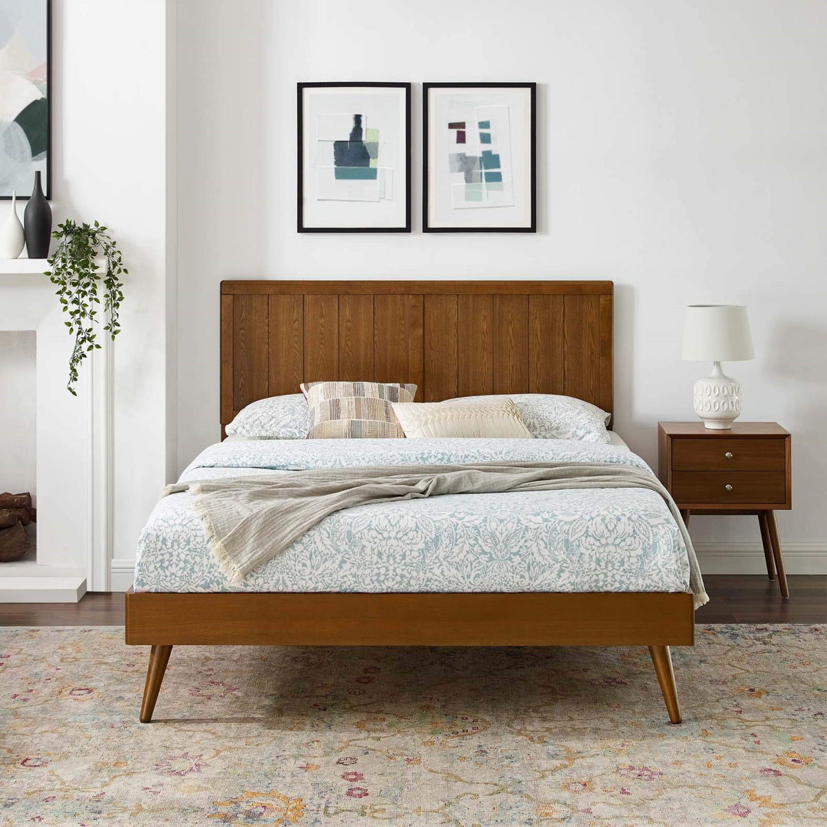 Casafoyer Alana Wood Full Platform Bed In Walnut With Splayed Legs, Double