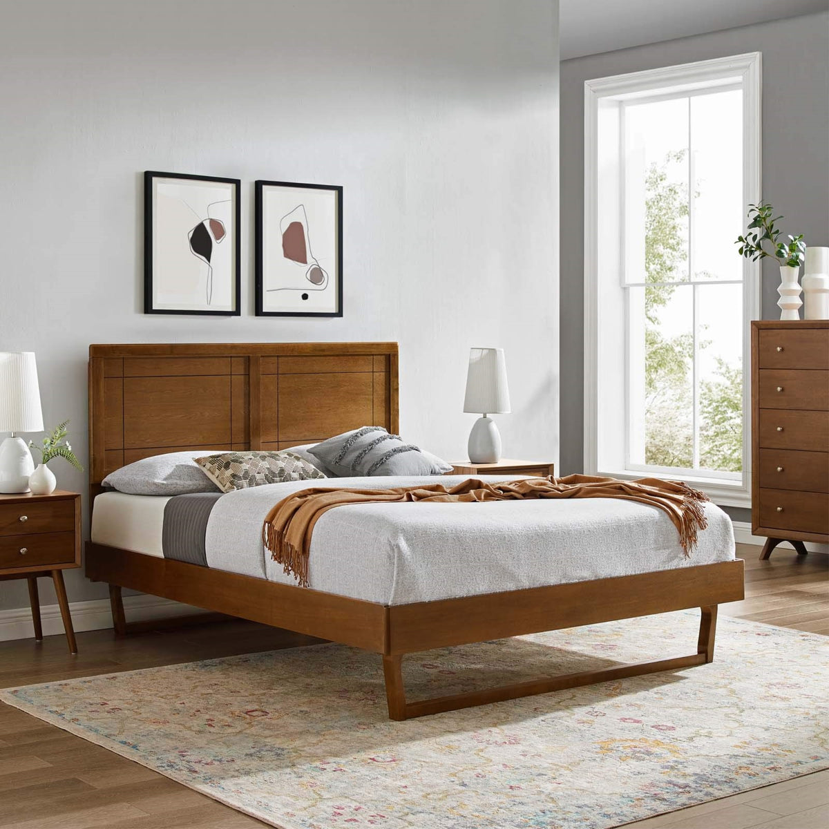 Casafoyer Mod-6626-Wal Marlee King Wood Platform Bed With Angular Frame, Walnut