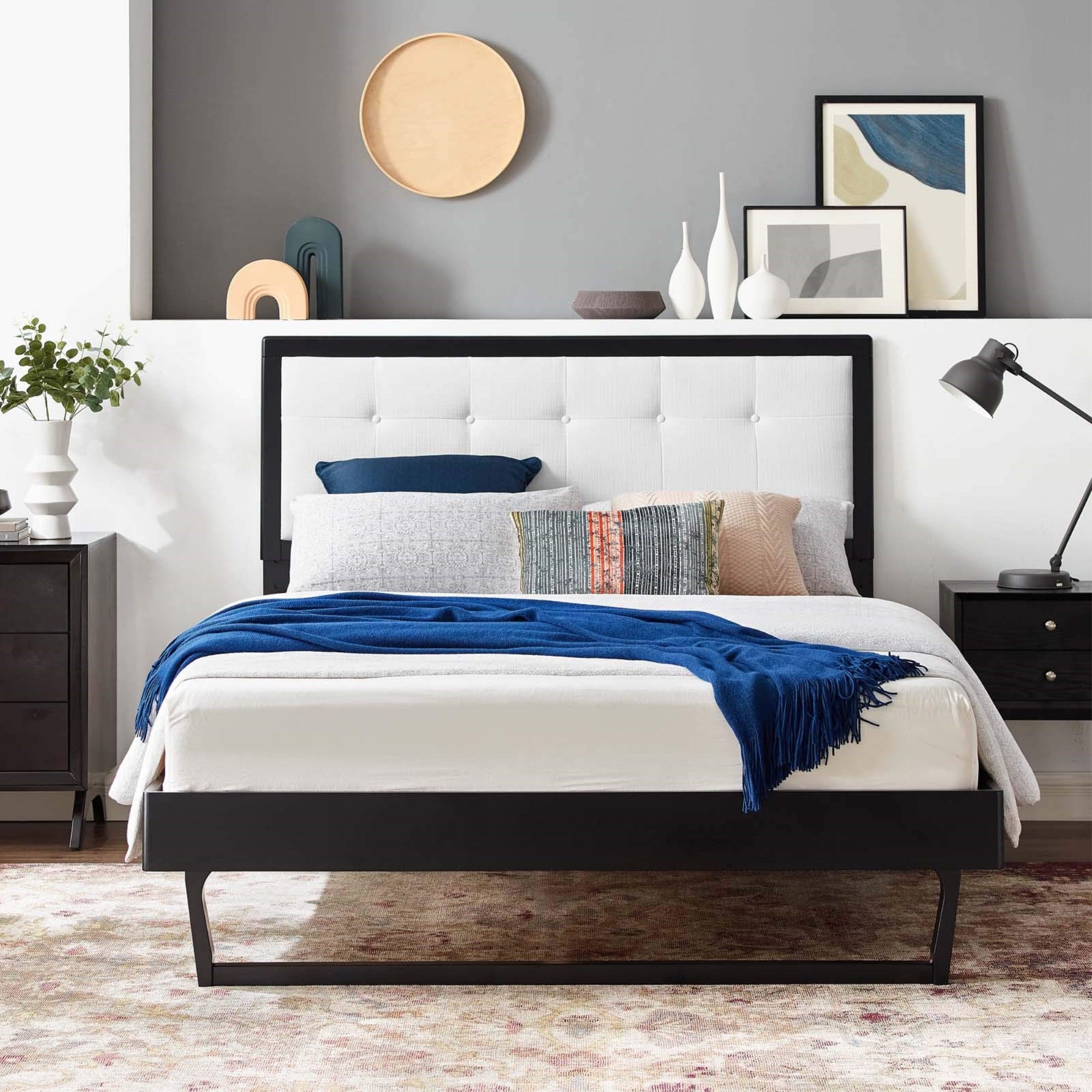 Casafoyer Mod-6634-Blk-Whi Willow Full Wood Platform Bed With Angular Frame, Black White
