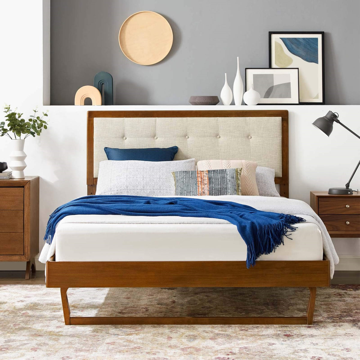 Casafoyer Mod-6635-Wal-Bei Willow King Wood Platform Bed With Angular Frame, Walnut Beige