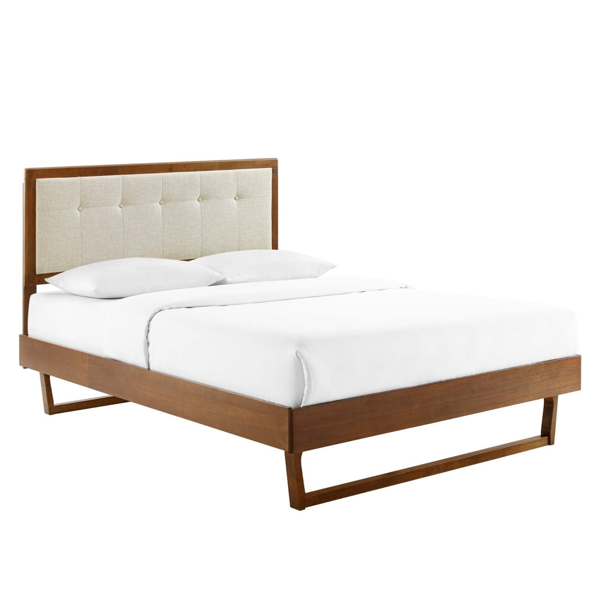 Willow King Wood Platform Bed With Angular Frame Walnut Beige