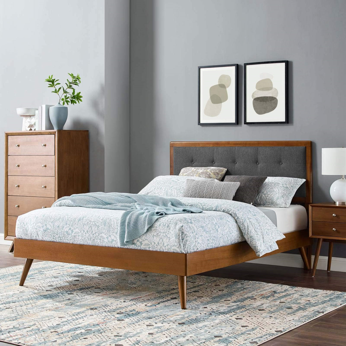 Casafoyer Mod-6637-Wal-Cha Willow Full Wood Platform Bed With Splayed Legs, Walnut Charcoal