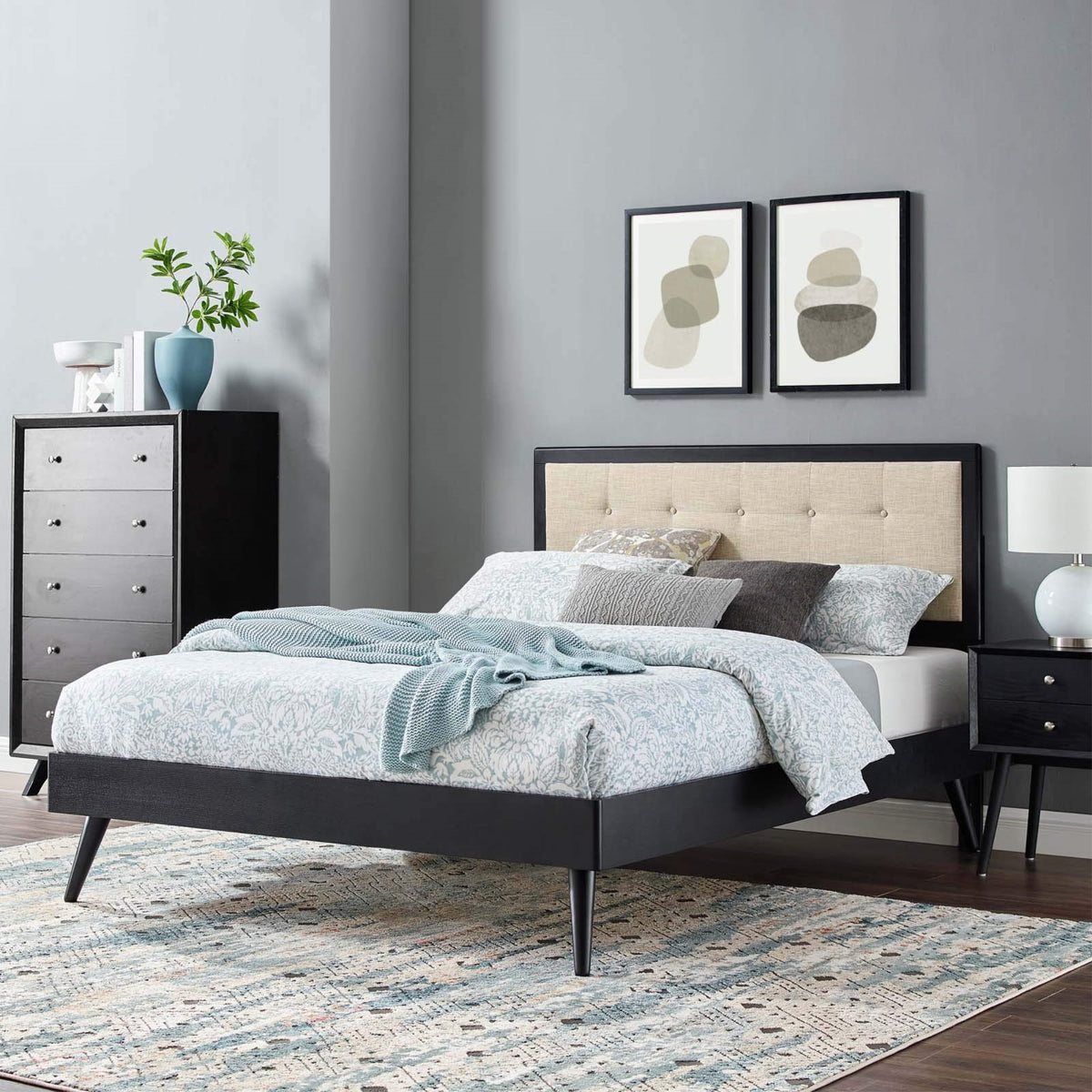 Casafoyer Mod-6638-Blk-Bei Willow King Wood Platform Bed With Splayed Legs, Black Beige