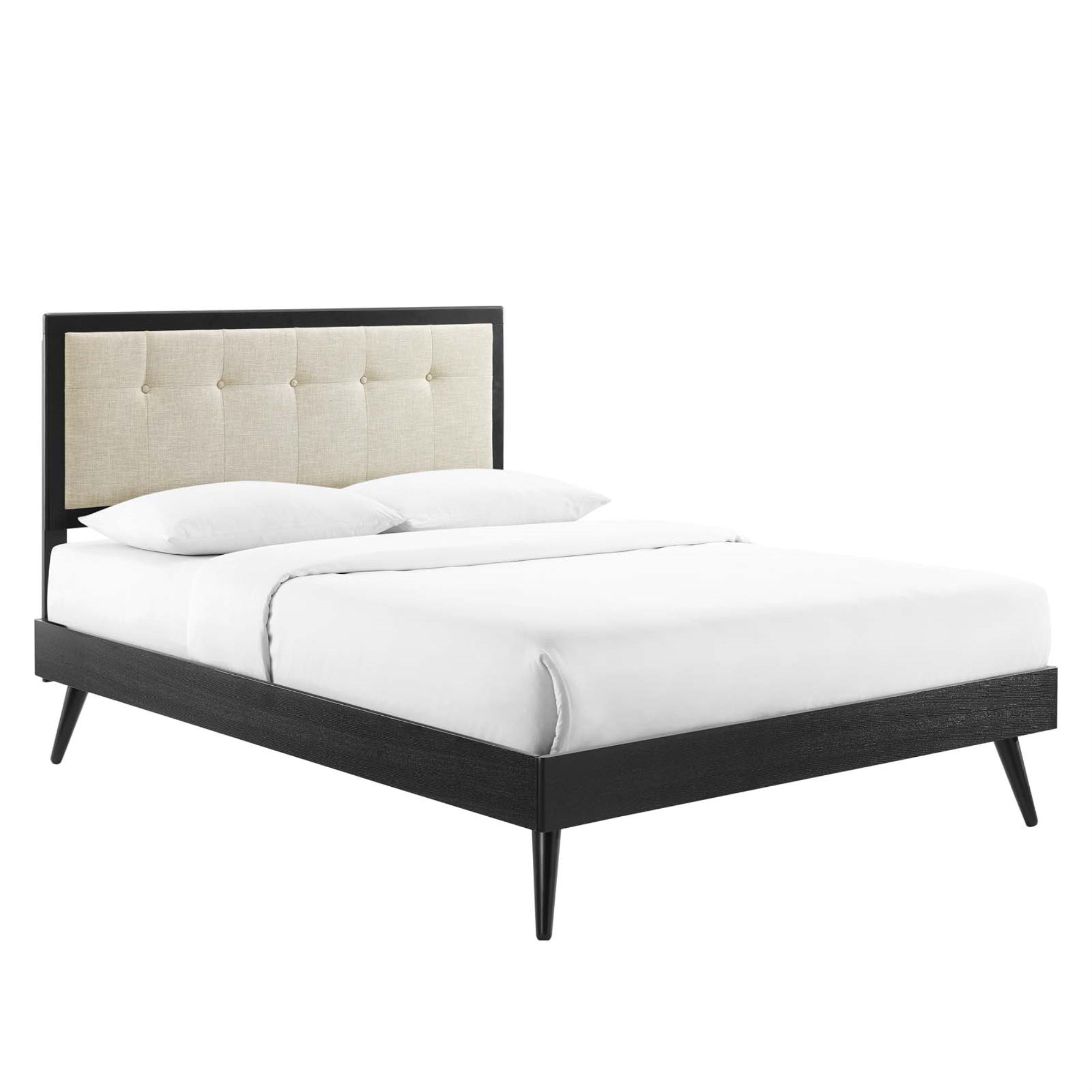 Willow Tufted Wood King Platform Bed - Modern Retro Design, Wood Frame, Button Tufted Headboard, Durable Construction, No Box Spring Needed, Accommodates Various Mattresses, Easy Assembly - Black Beige
