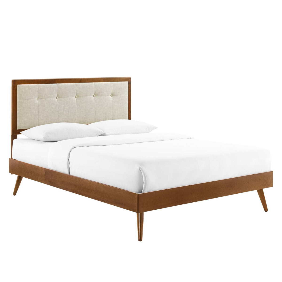 Willow Tufted Wood King Platform Bed - Contemporary Charm, Mid-Century Design, Durable Construction, No Box Spring Needed - Walnut Beige