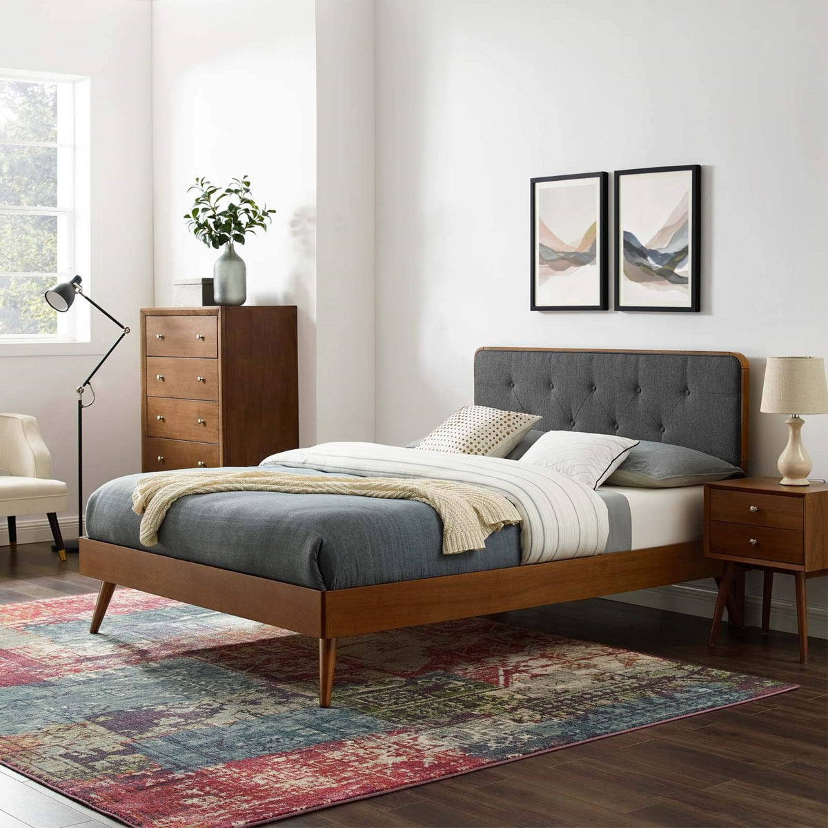 Casafoyer Mod-6646-Wal-Cha Bridgette Full Wood Platform Bed With Splayed Legs, Walnut Charcoal