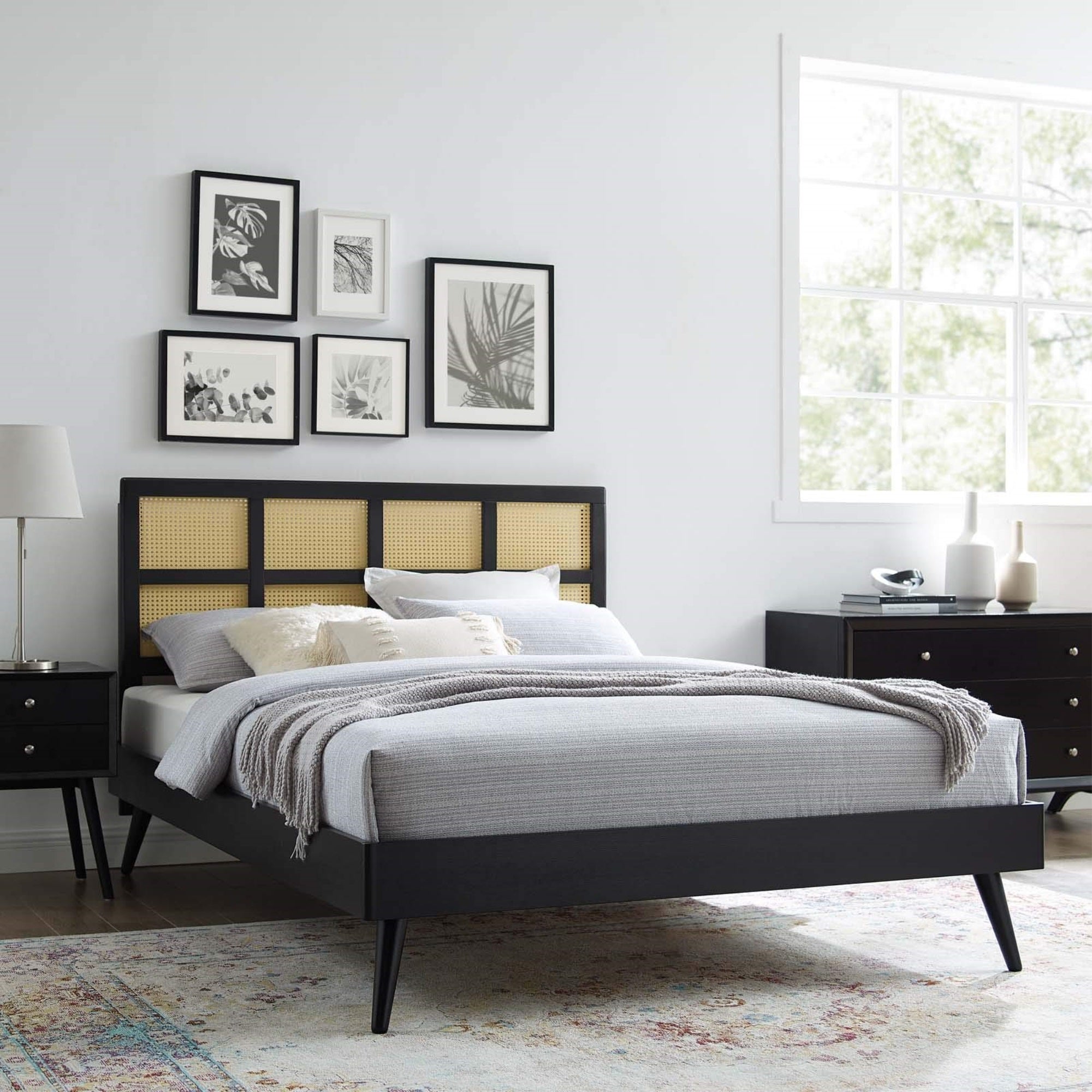 Casafoyer Sidney Cane Rattan And Wood King Platform Bed In Black With Splayed Legs