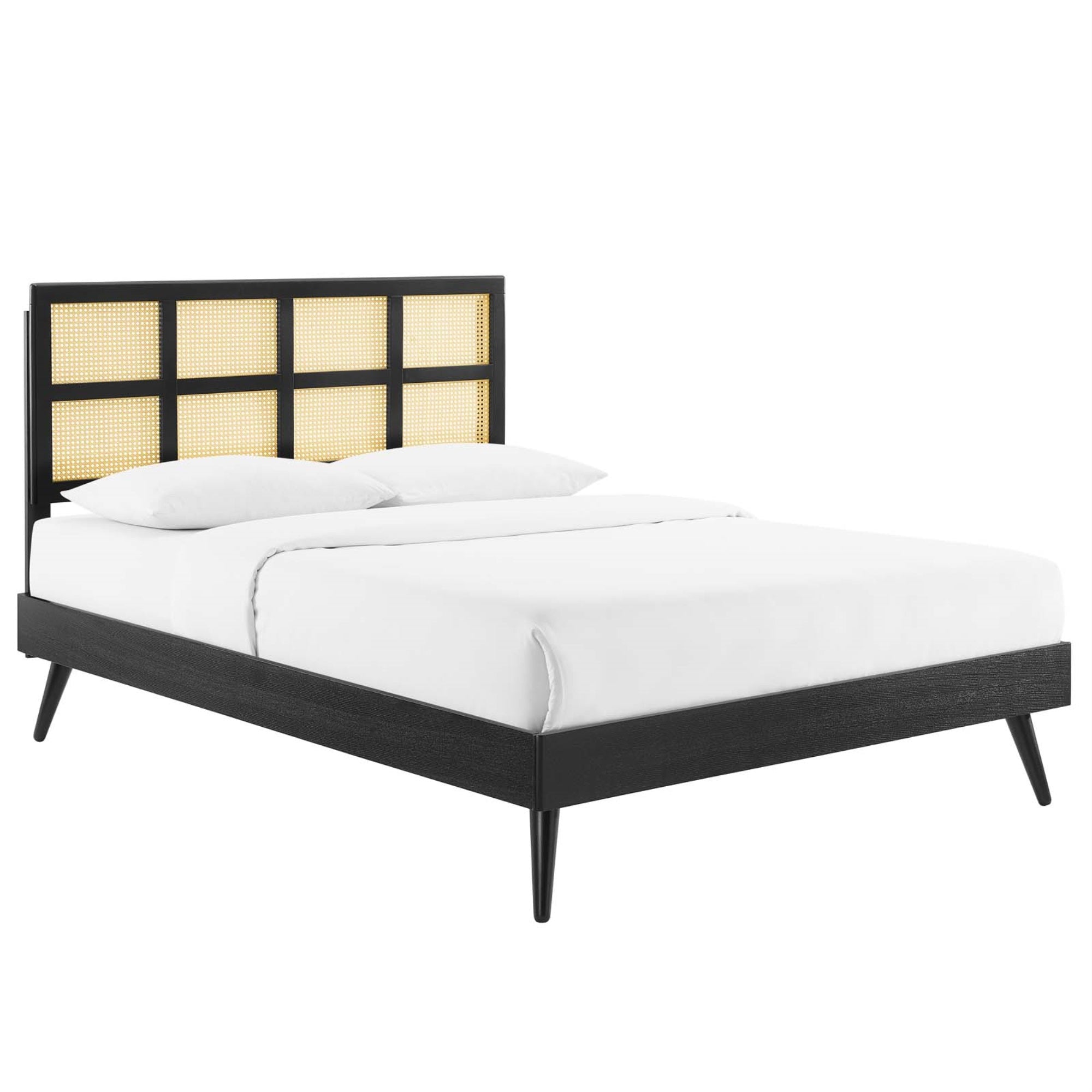 Sidney Woven Cane Rattan Wood King Platform Bed - Retro Charm, Natural Beauty, Mid-Century Design - Durable, No Box Spring Needed - Luana Cane Headboard, Margo Platform Bed Frame - Black