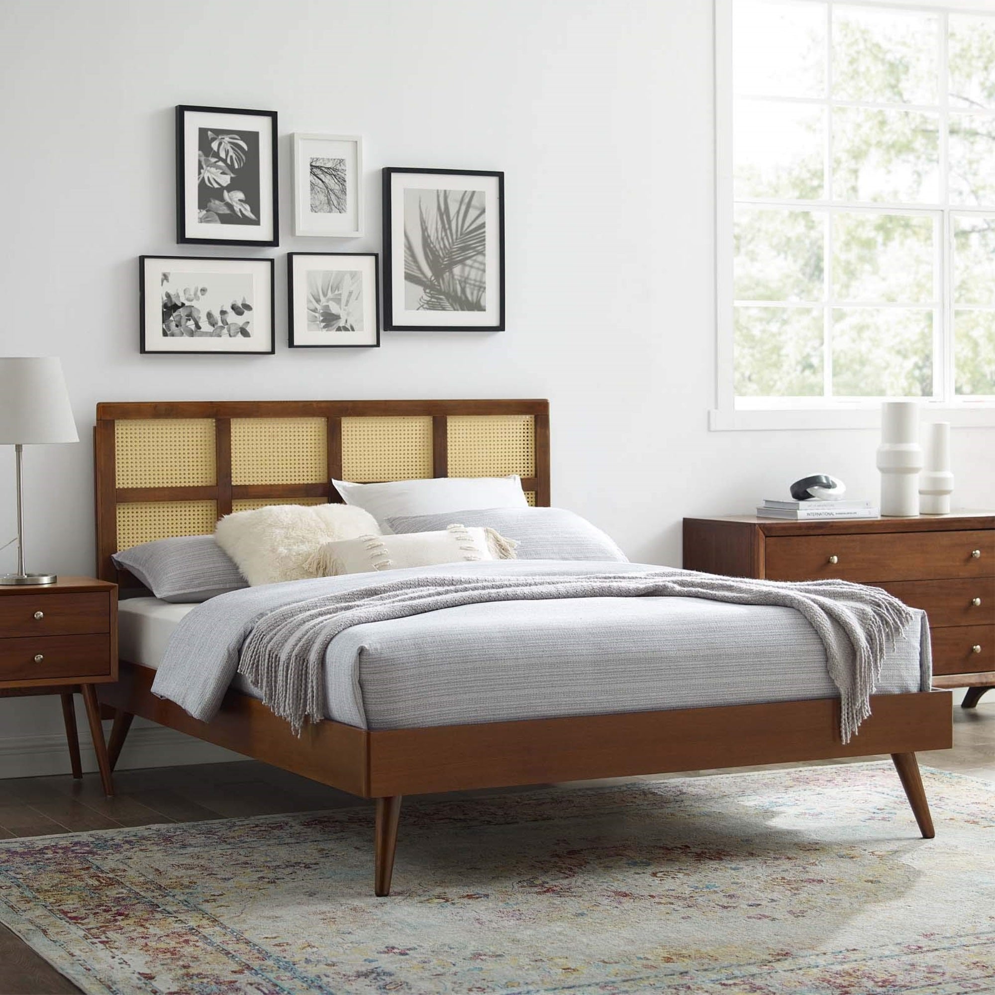 Casafoyer Sidney Cane Rattan And Wood King Platform Bed In Walnut With Splayed Legs