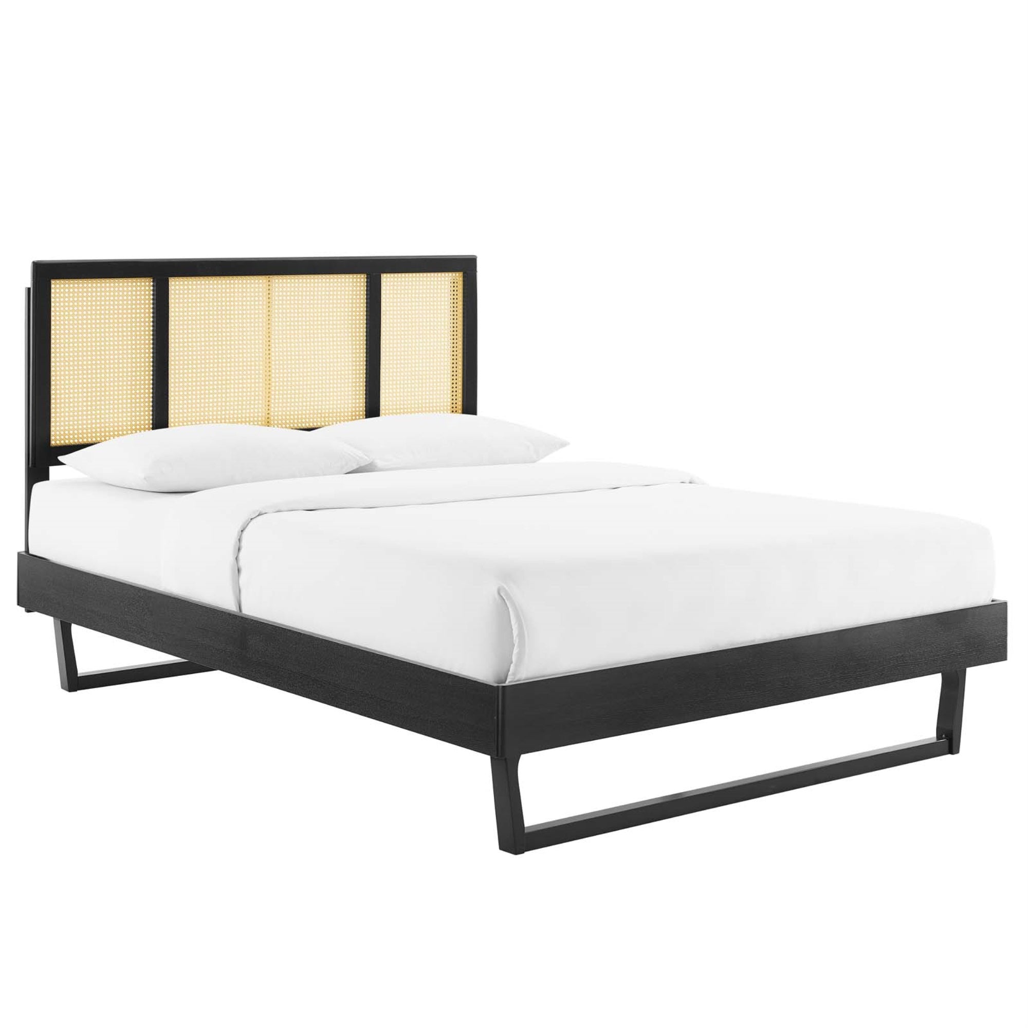 Kelsea Woven Cane Rattan Wood Full Platform Bed - Retro Style With Organic Aesthetics - Durable Construction - No Box Spring Needed - Easy Assembly - 601 Lbs Weight Capacity