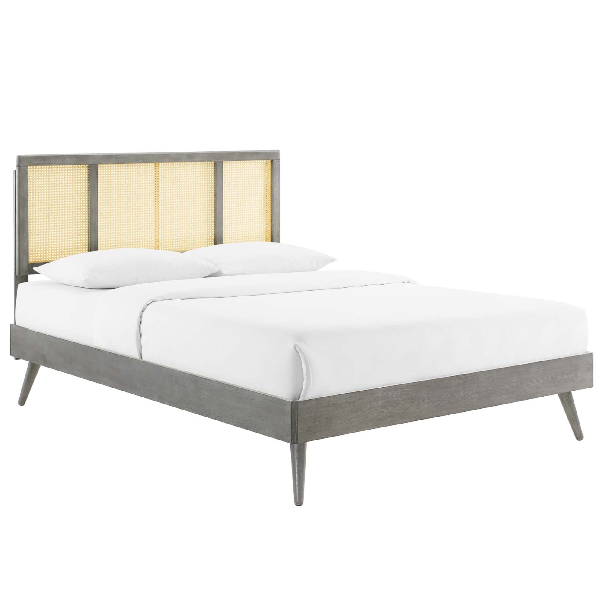 Kelsea Woven Cane Rattan Wood Full Platform Bed - Retro Detail, Organic Aesthetics, Mid-Century Modern With Tropical Flair. Sturdy, No Box Spring Needed. Gray.