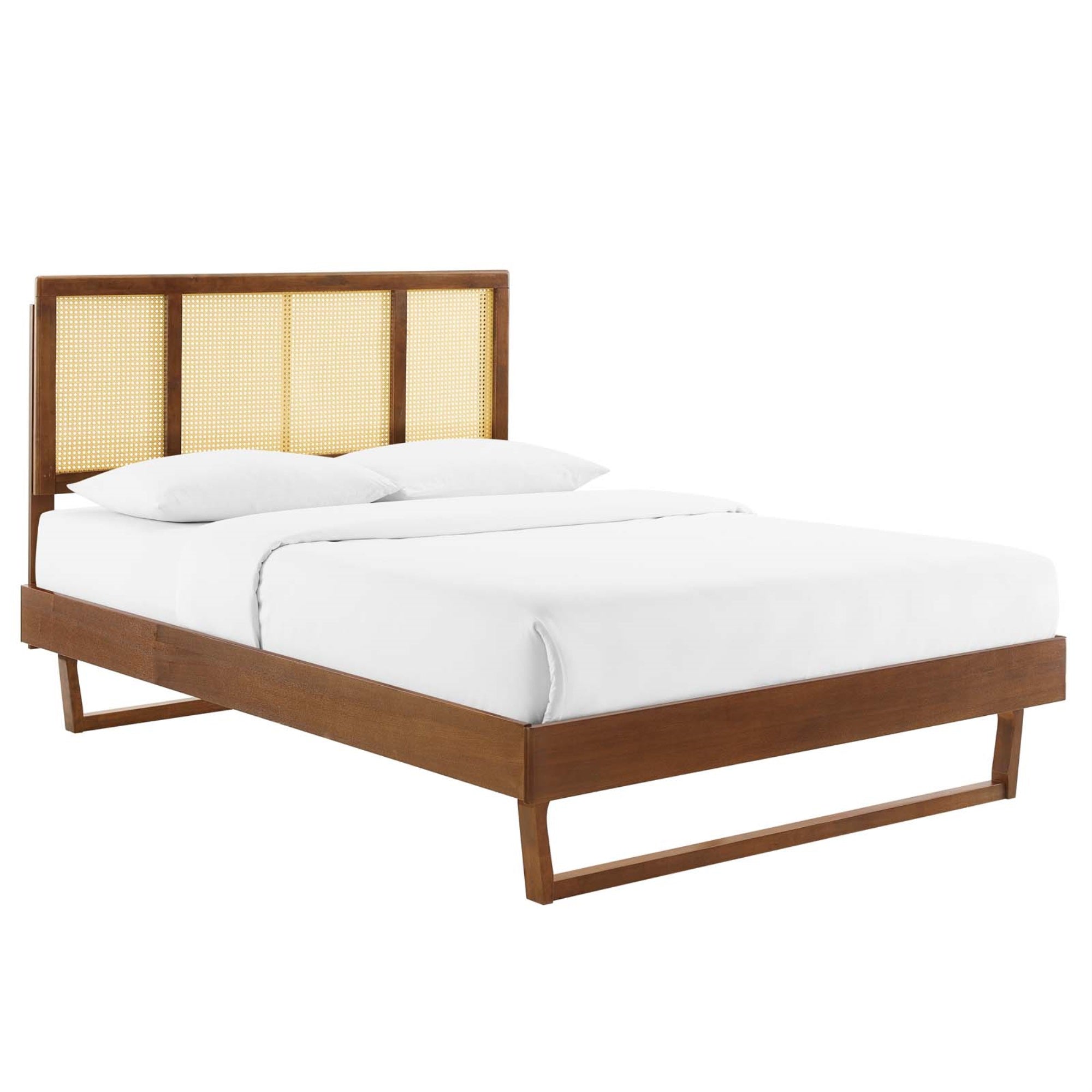 Kelsea Woven Cane Rattan Wood King Platform Bed - Retro Organic Aesthetics, Mid-Century Modern Design, Durable Construction, Suitable For Various Mattress Types, Easy Assembly - Walnut
