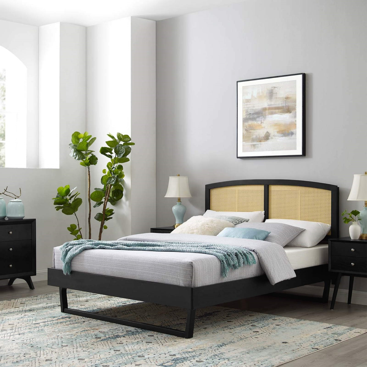 Casafoyer Sierra Cane And Wood Full Platform Bed With Angular Legs In Black