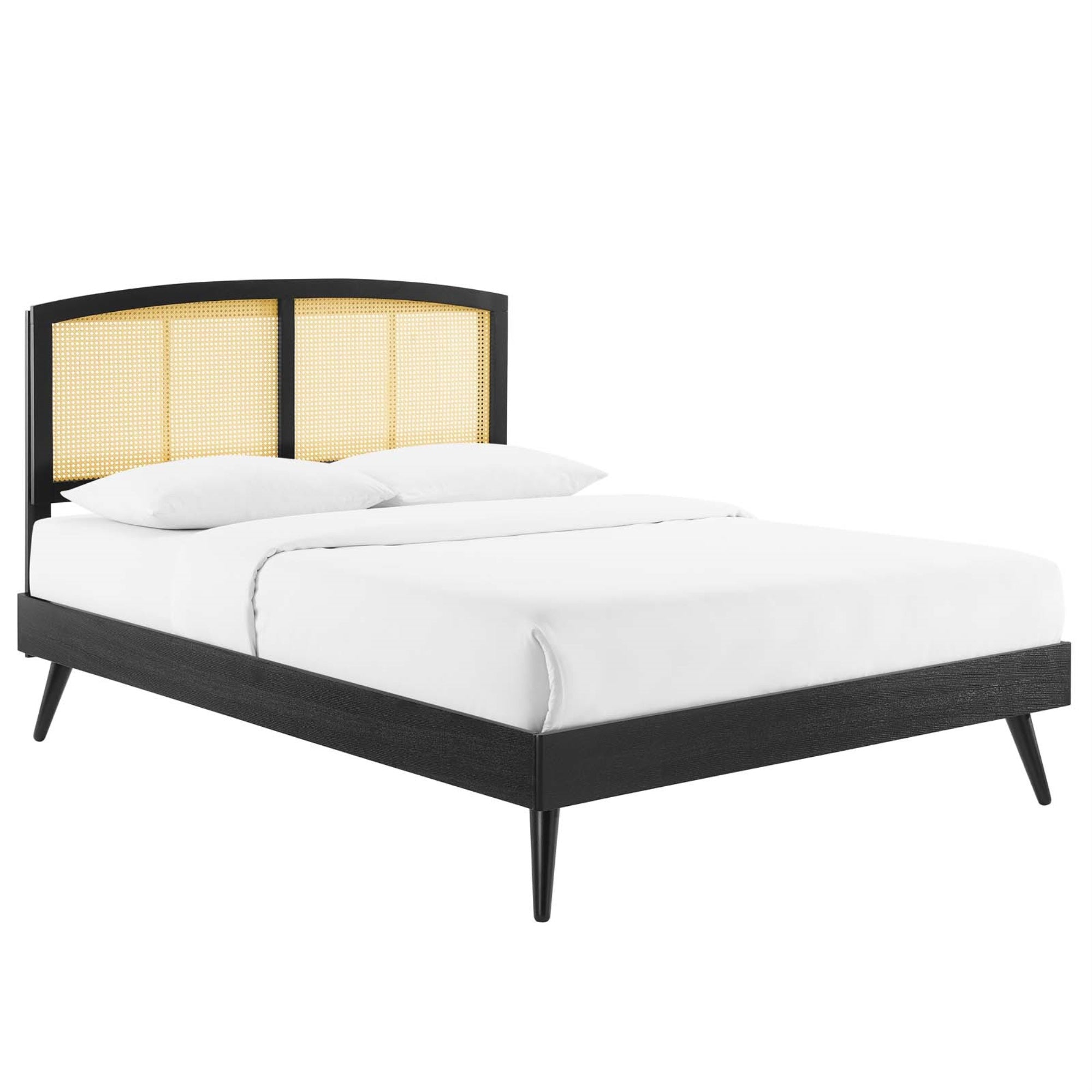 Sierra Woven Cane Rattan Wood Full Platform Bed - Serene Island Vibe, Mid-Century Modern Design, Durable Construction, No Box Spring Needed