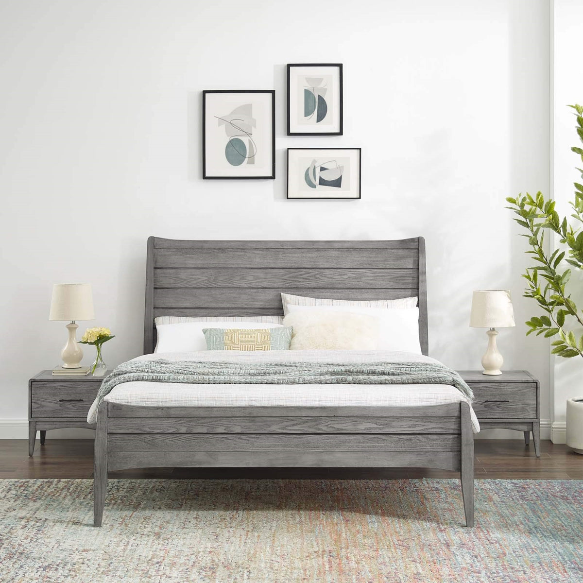Casafoyer Mod-6724-Gry-Set Wood 3-Piece Bedroom Furniture Set With King Platform Bed And Nightstands In Gray