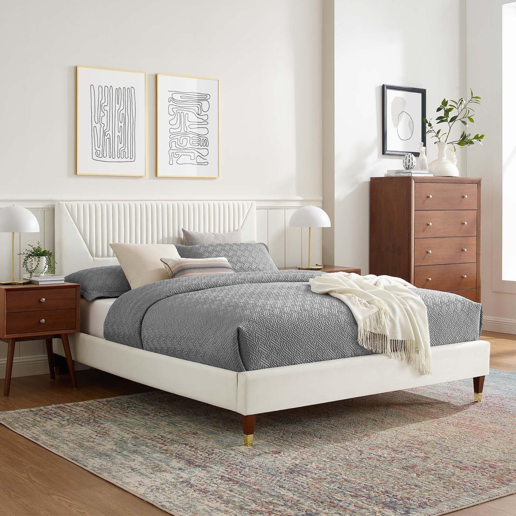 Casafoyer Yasmine Channel Tufted Performance Velvet King Platform Bed In White