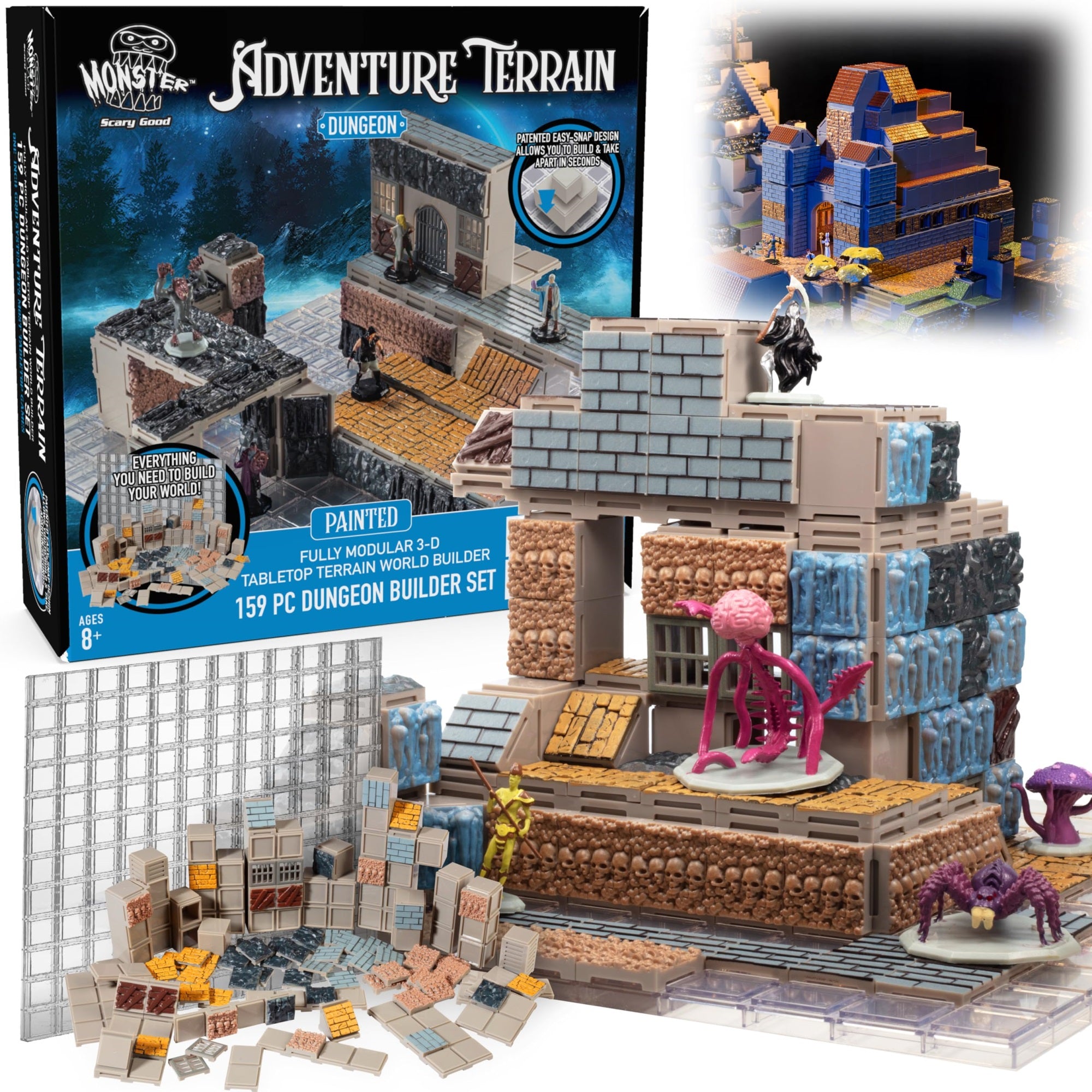 Monster Adventure Terrain - NEW! Dungeon Builder Set (159pc) - 3D Interchangeable Dungeon System w 19 New Tiles - Build Modular Worlds in a Snap & Elevate Your Campaign - Compatible with DND