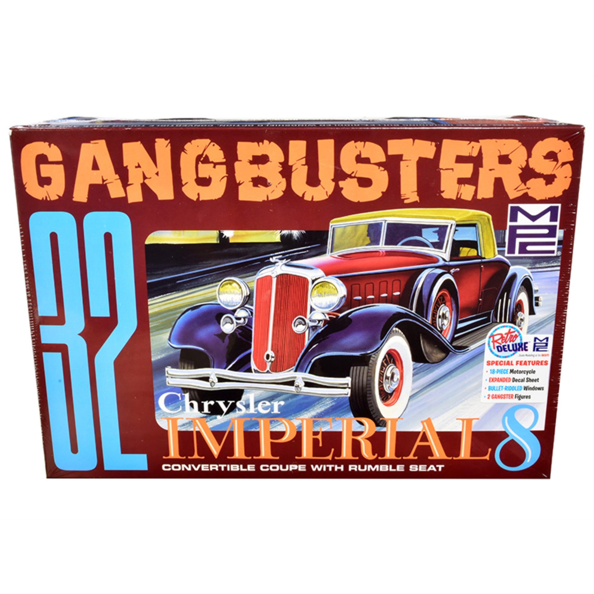 Skill 2 Model Kit 1932 Chrysler Imperial Eight With Police Motorcycle And 2 Gangster Figurines 'Gangbusters' 1/25 Scale Model By Mpc