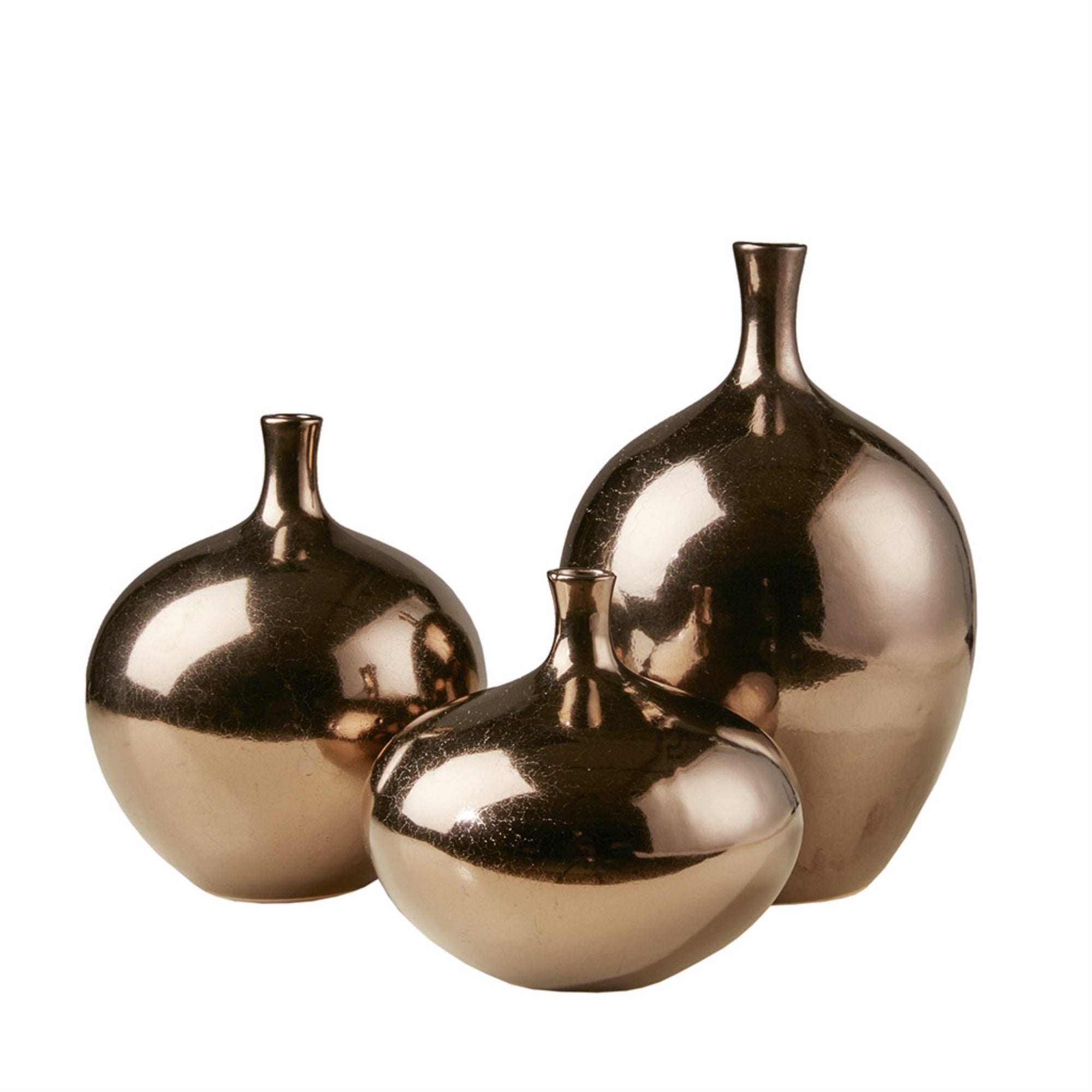 Ergode Mirrored Ceramic Decorative Vases - 3-Piece Set | Metallic Bronze Finish | Lightweight & Durable | Captivating & Coordinated Aesthetic | Handmade & Unique