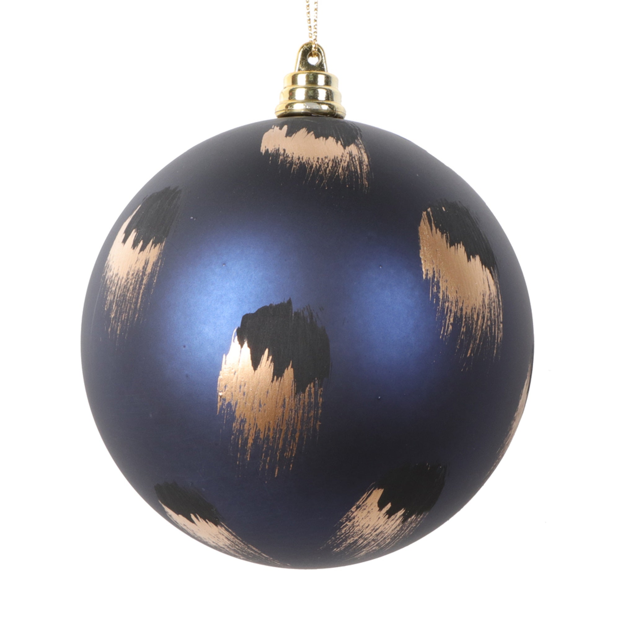 Vickerman 4” Matte Midnight Blue Ball Ornament with Gold and Black Brush Strokes 4 per bag.